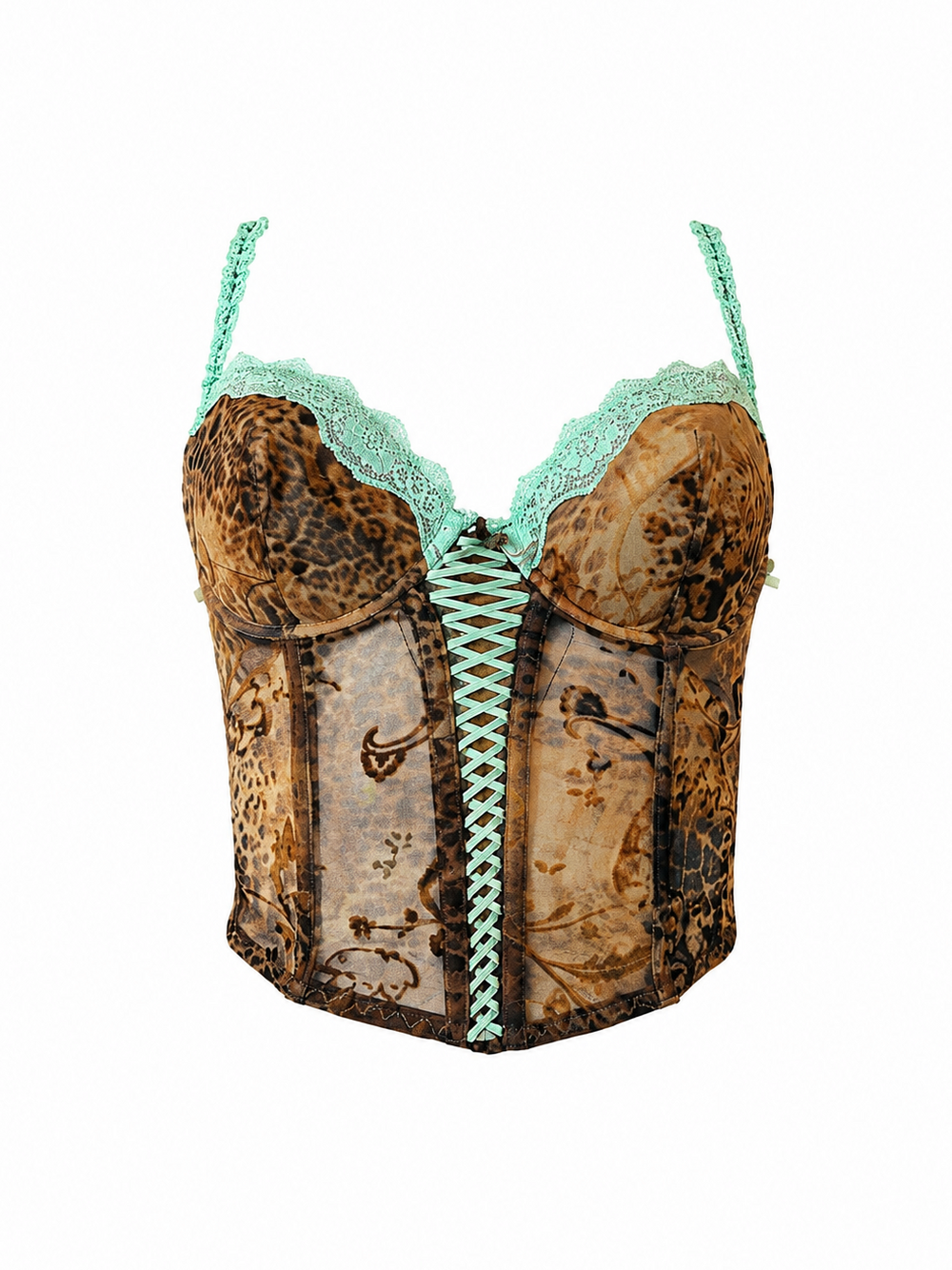LEOPARD MESH CORSET WITH TEAL LACE TRIM @RT