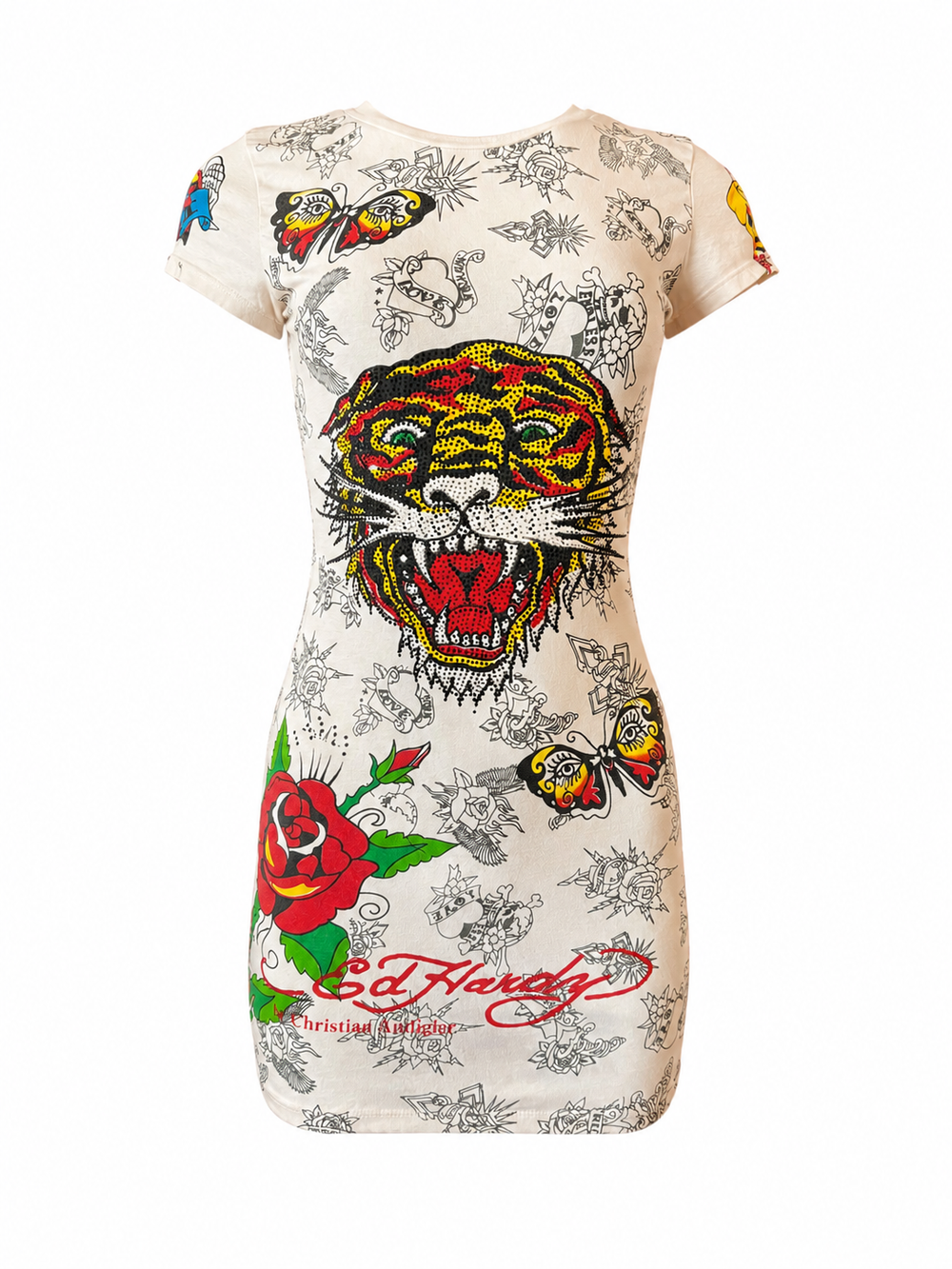 WHITE TATTOO MINI DRESS W RHINESTONE LION LOGO @EA
