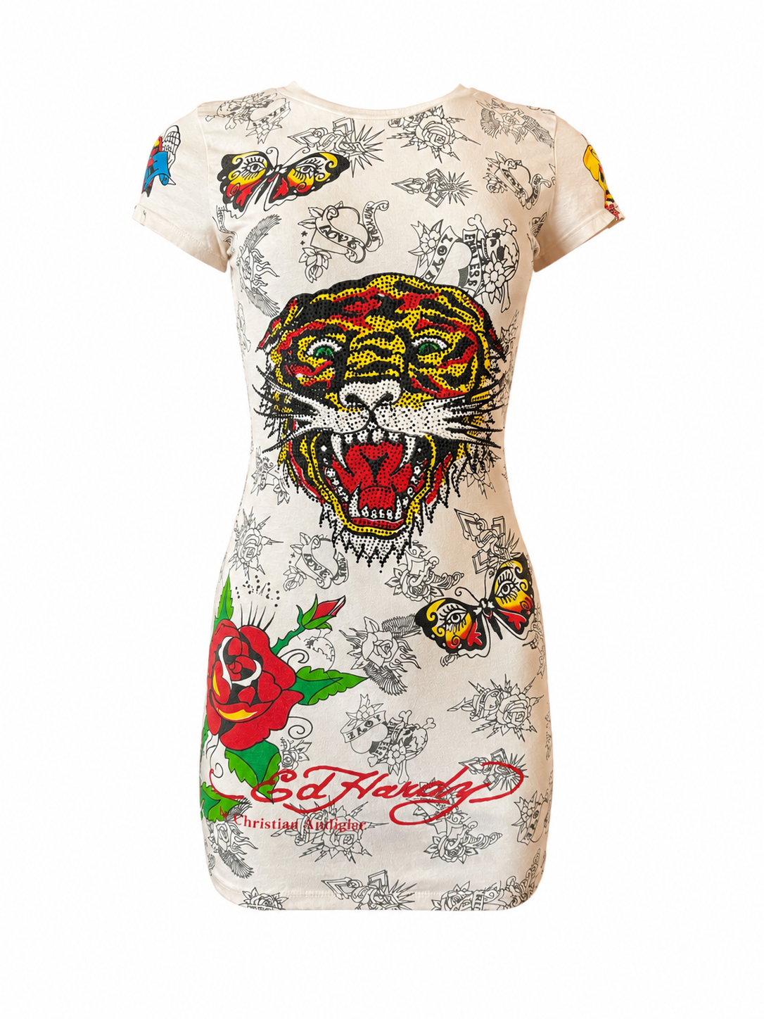 WHITE TATTOO MINI DRESS W RHINESTONE LION LOGO @EA