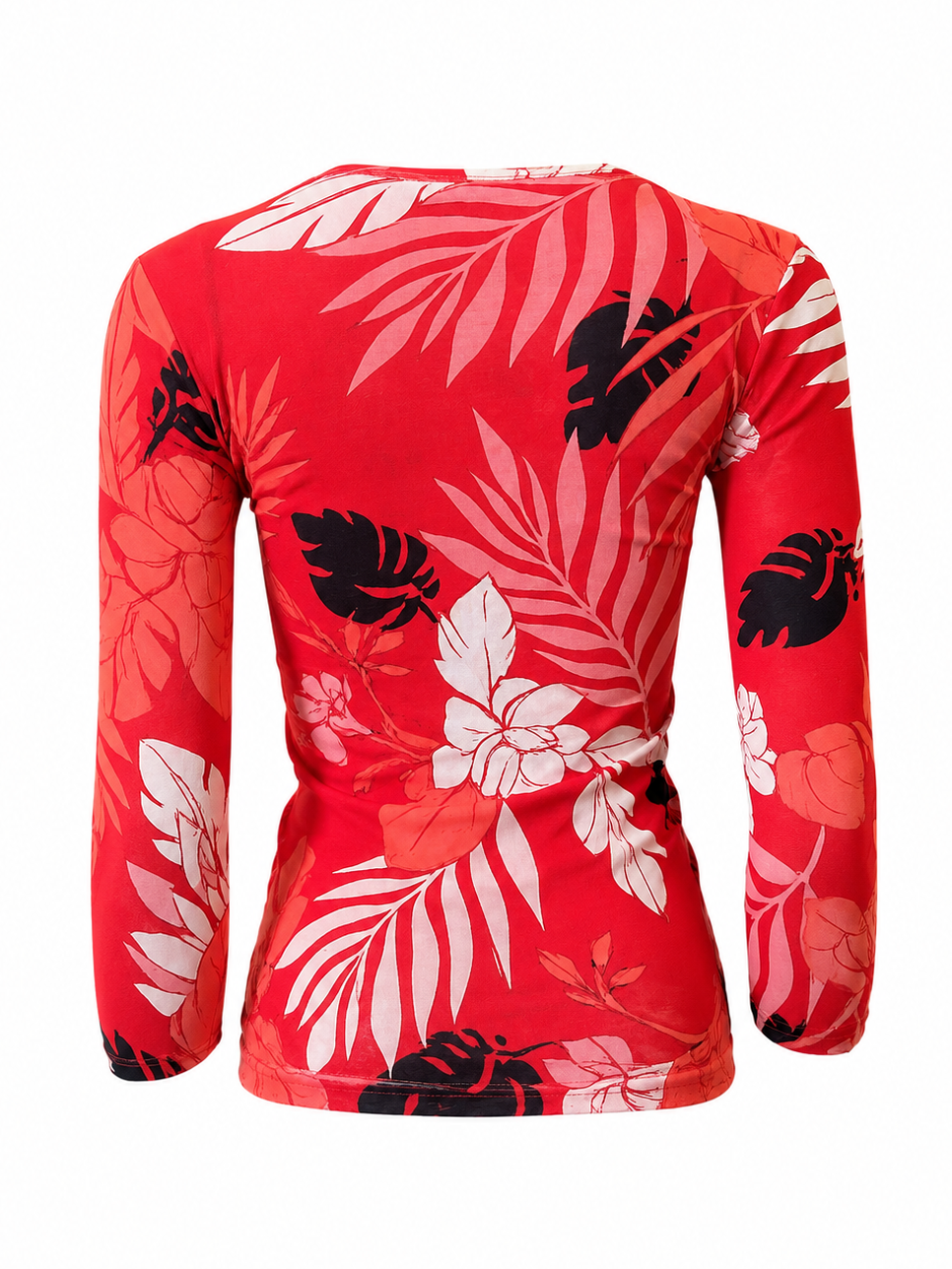 RED PALM TREE & ROSE PRINTED MESH L/S TOP @CPARA
