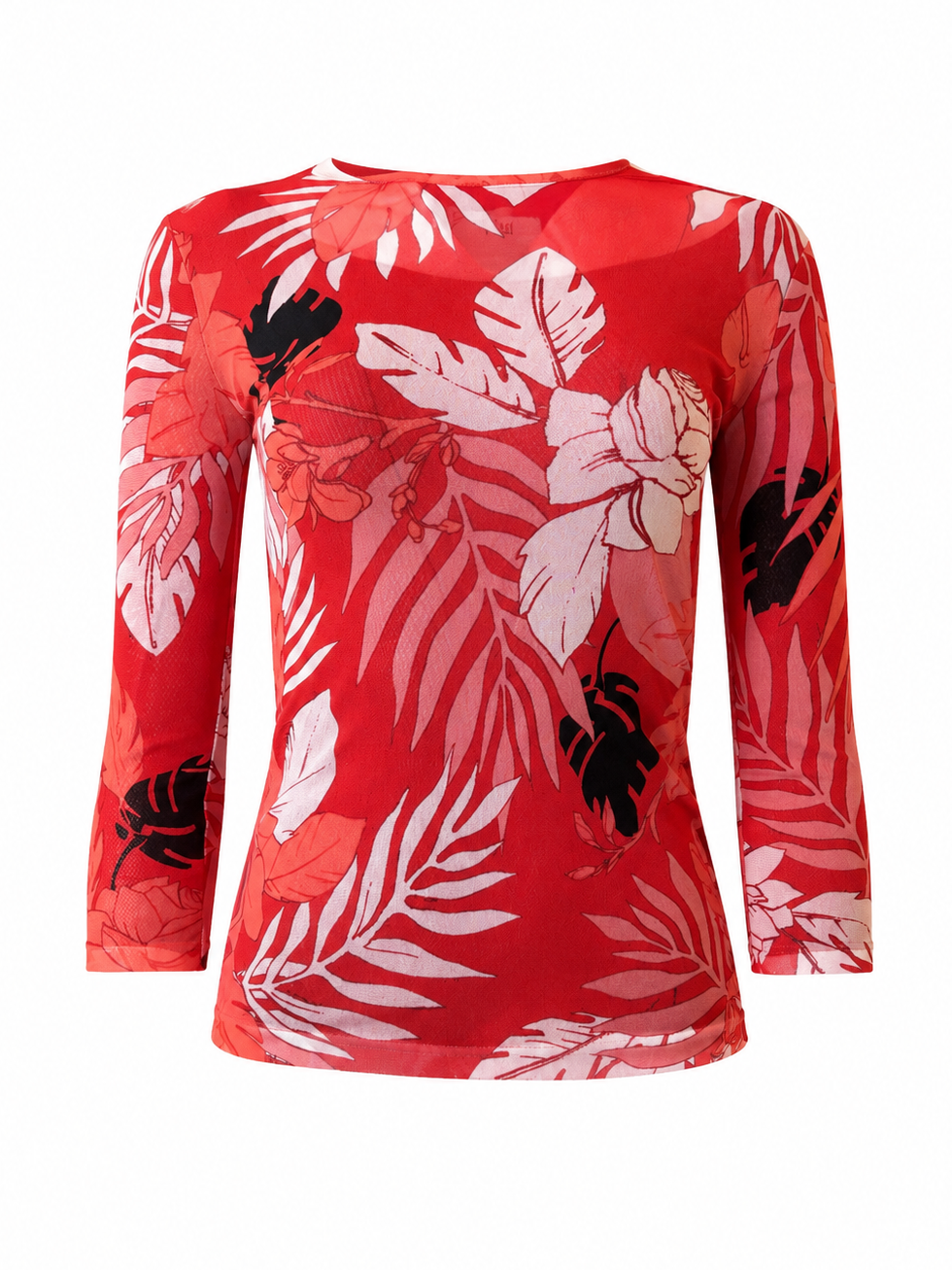 RED PALM TREE & ROSE PRINTED MESH L/S TOP @CPARA