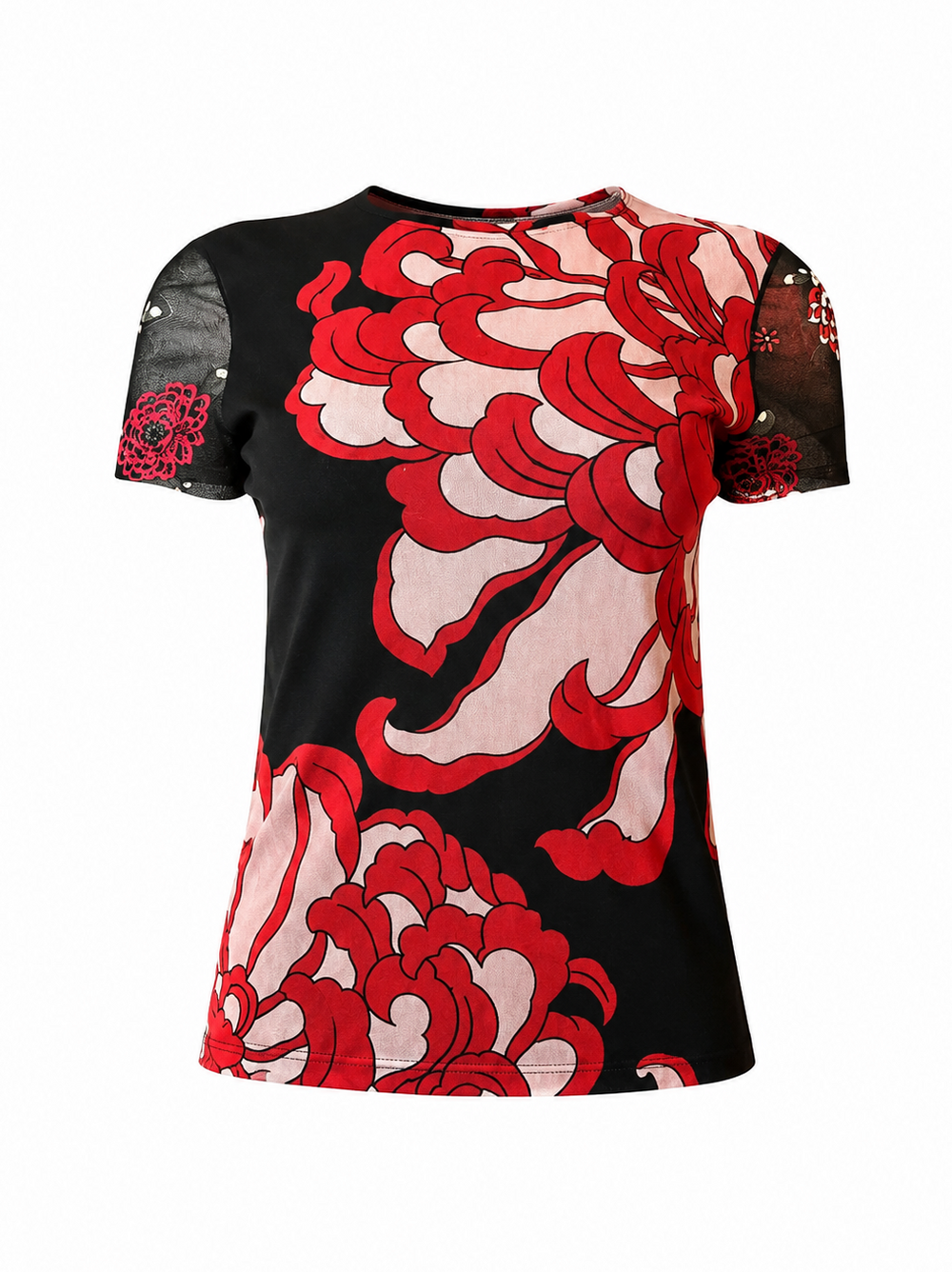 BLACK/RED MESH FLORAL TOP @TSCOTT