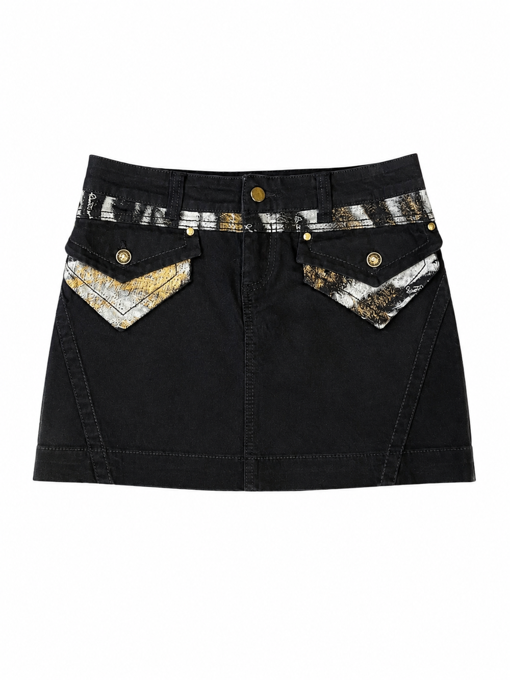 BLACK DENIM MINI CARGO SKIRT W ANIMAL PRINT DETAIL