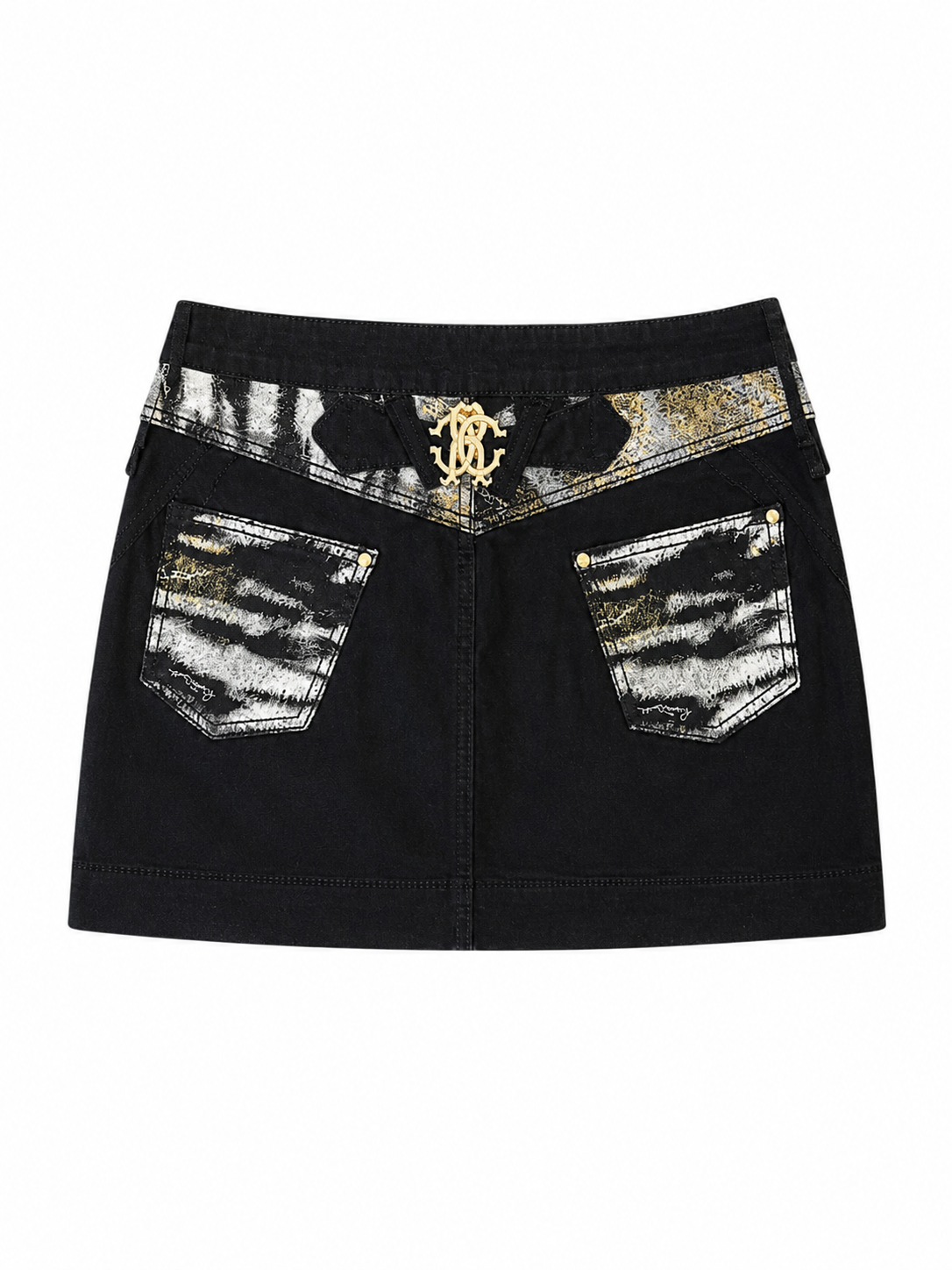 BLACK DENIM MINI CARGO SKIRT W ANIMAL PRINT DETAIL