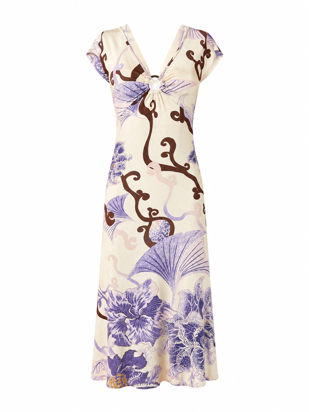 2004 WHITE AND PURPLE HIBISCUS PRINTED MIDI DRESS