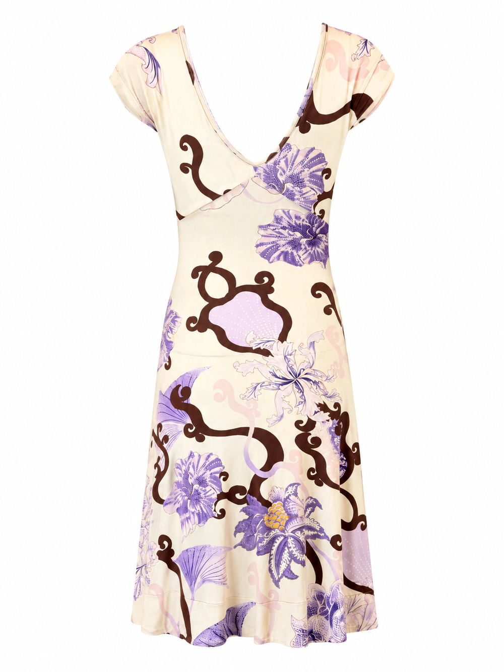 2004 WHITE AND PURPLE HIBISCUS PRINTED MIDI DRESS