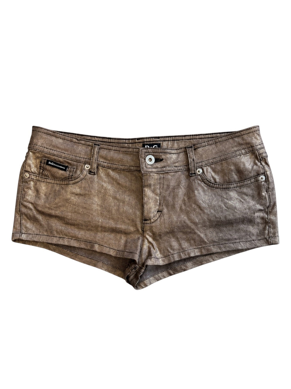 BRONZE METALLIC LOW RISE MINI SHORTS W/ LOGO PLATE