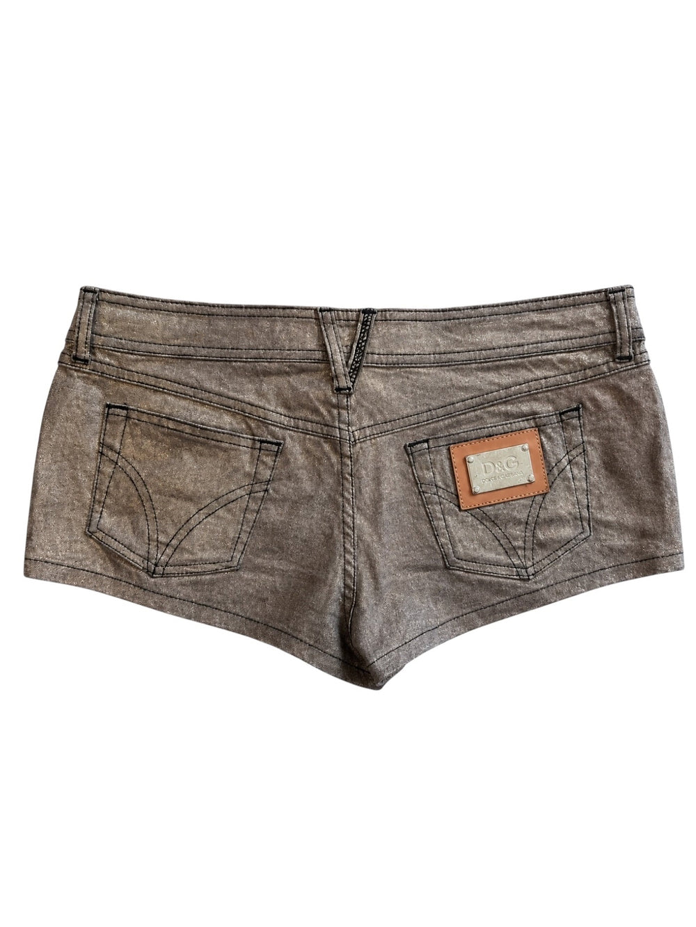 BRONZE METALLIC LOW RISE MINI SHORTS W/ LOGO PLATE