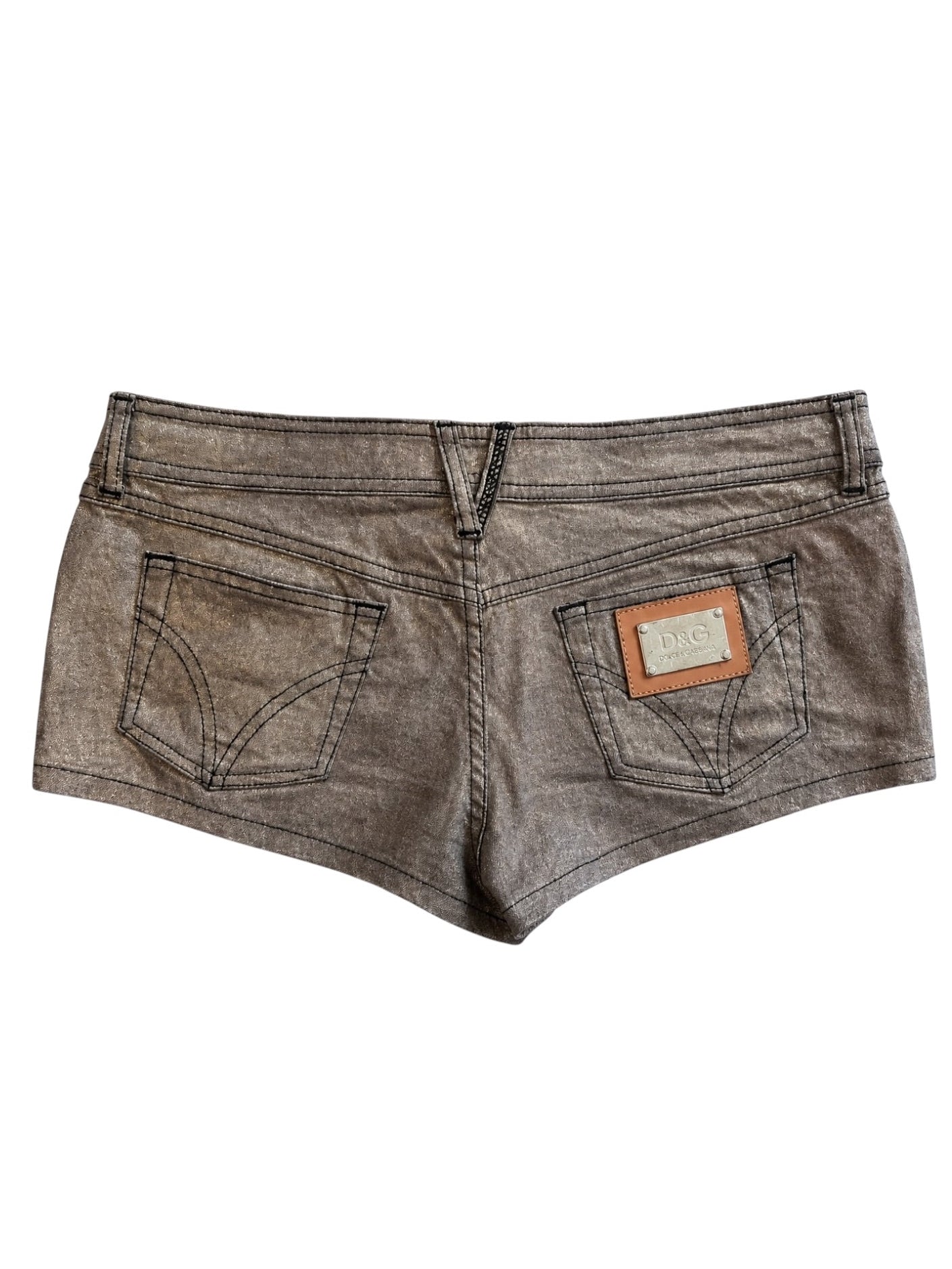 BRONZE METALLIC LOW RISE MINI SHORTS W/ LOGO PLATE