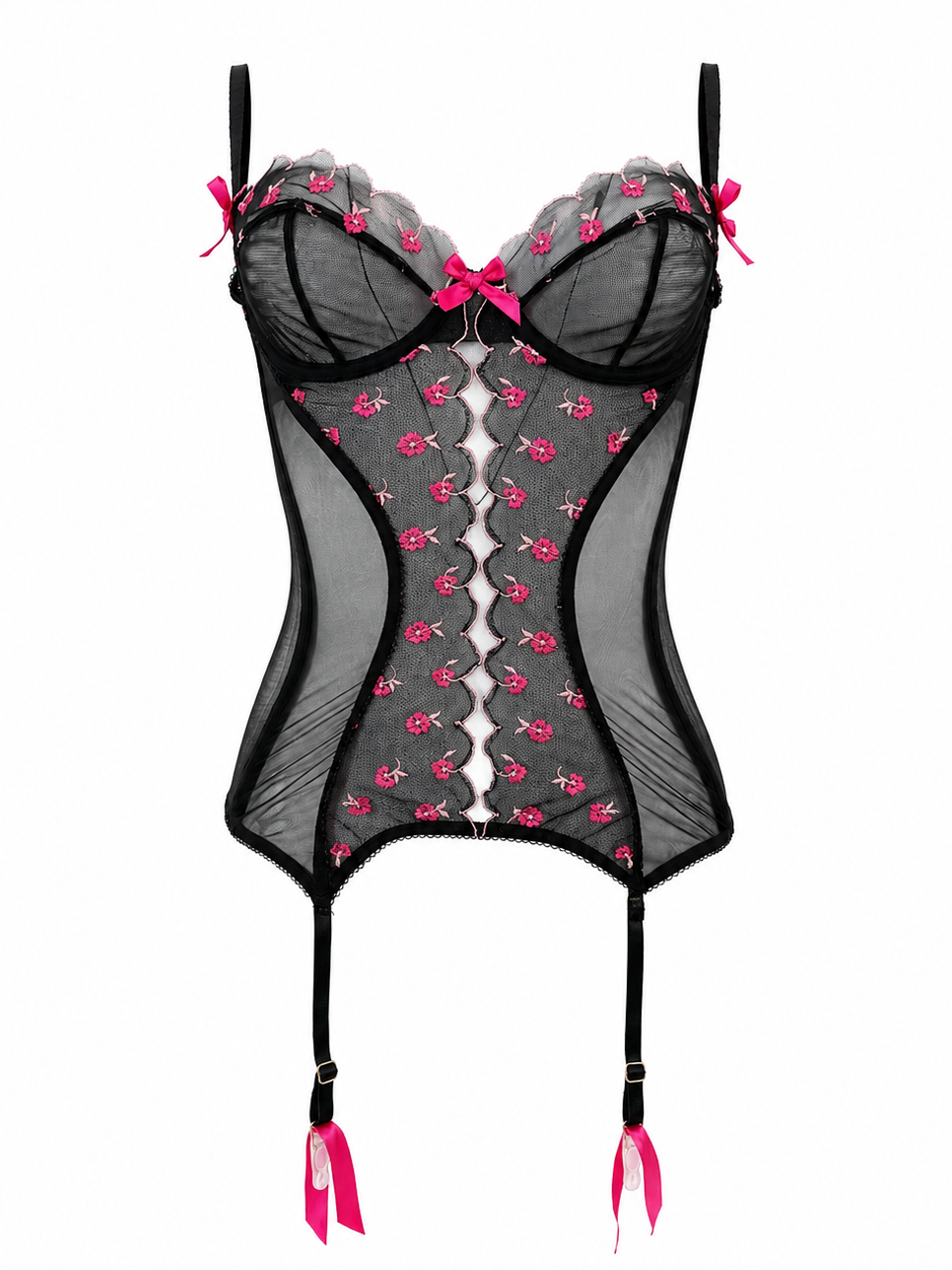 BLACK & PINK FLORAL MESH BUSTIER W BOW (NWT)