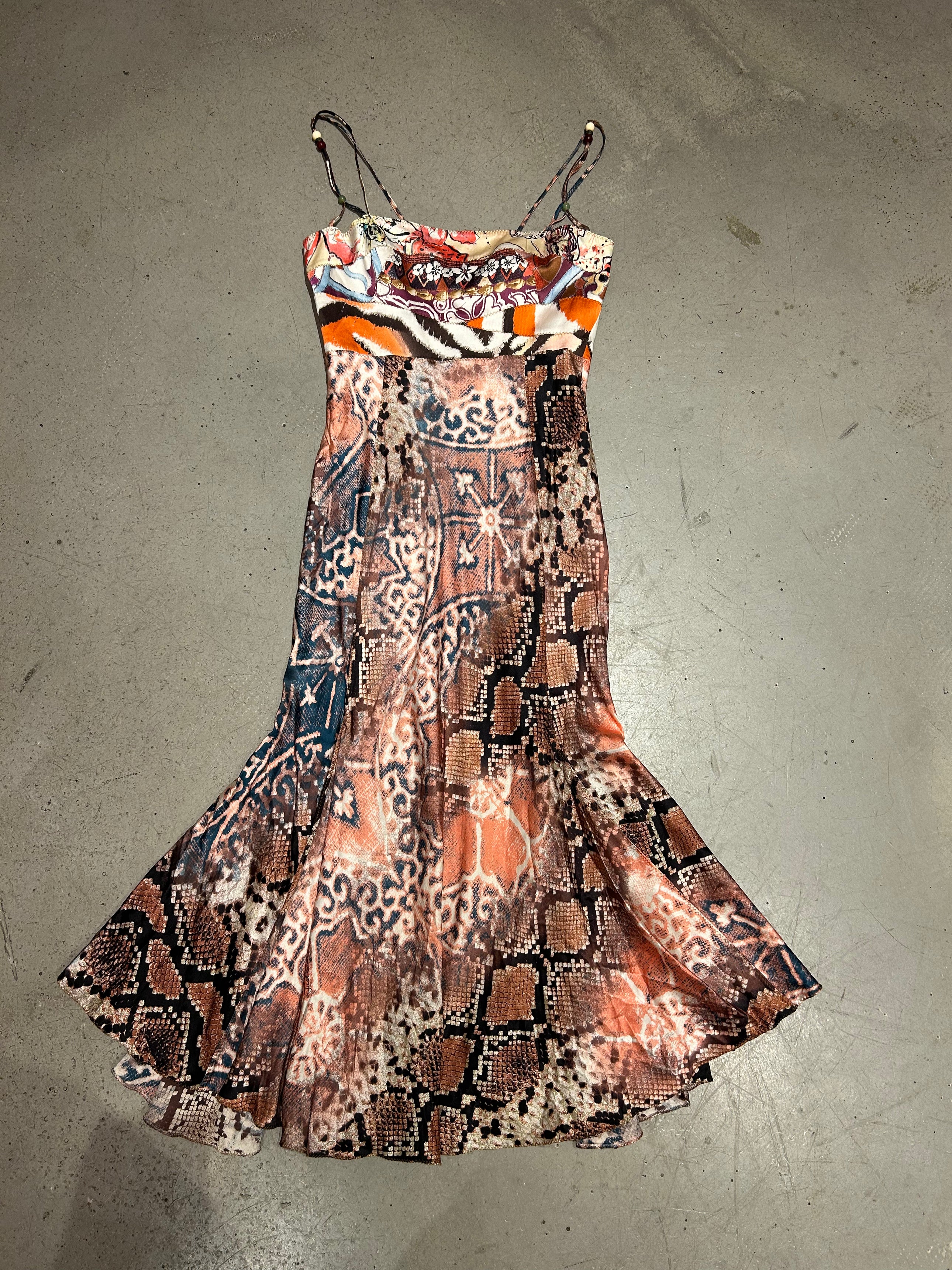 SILK MULTICOLOR SNAKE PRINT STRAPPY MIDI DRESS