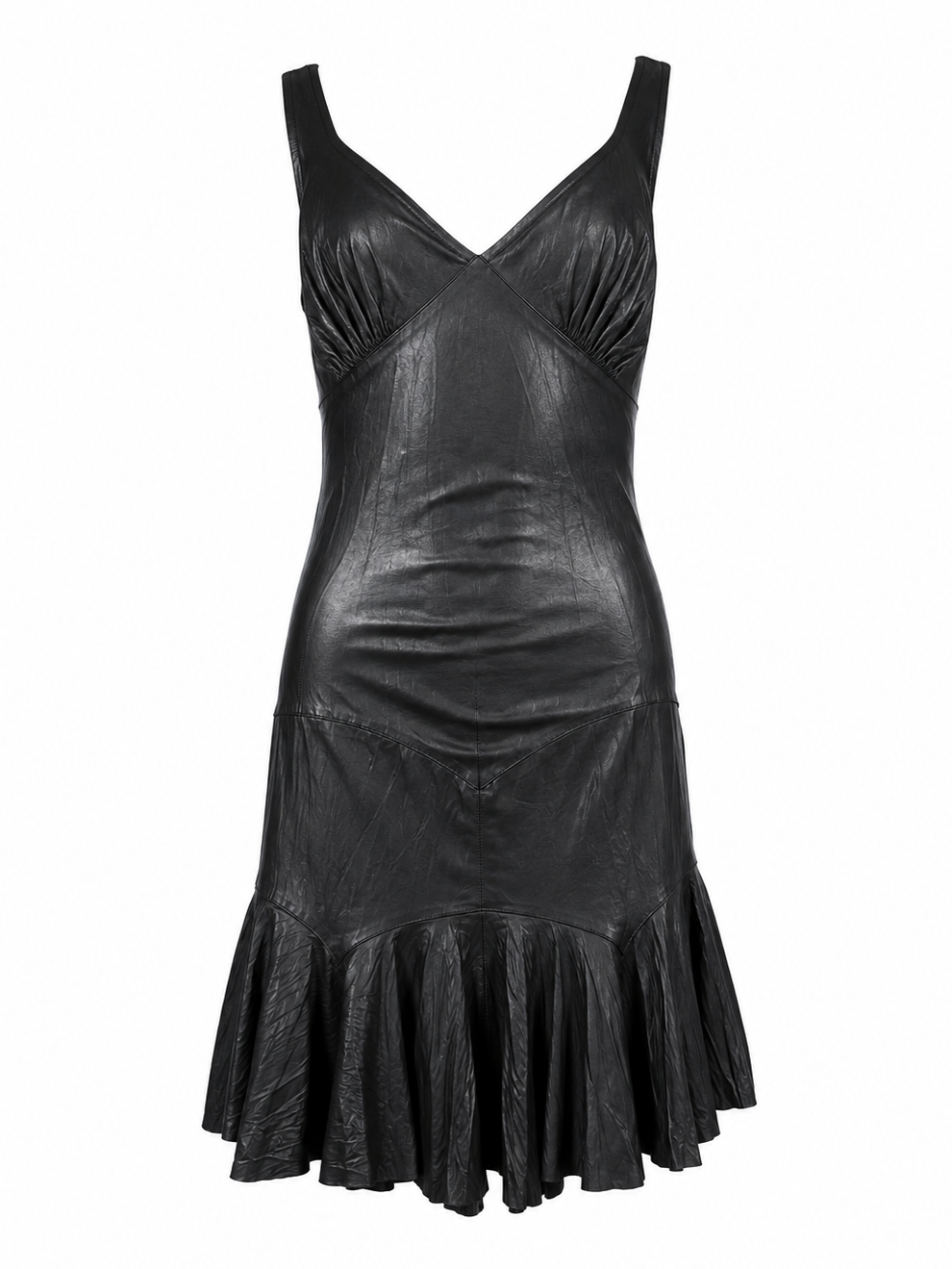 FW03 BLACK LEATHER PLEATED MIDI DRESS