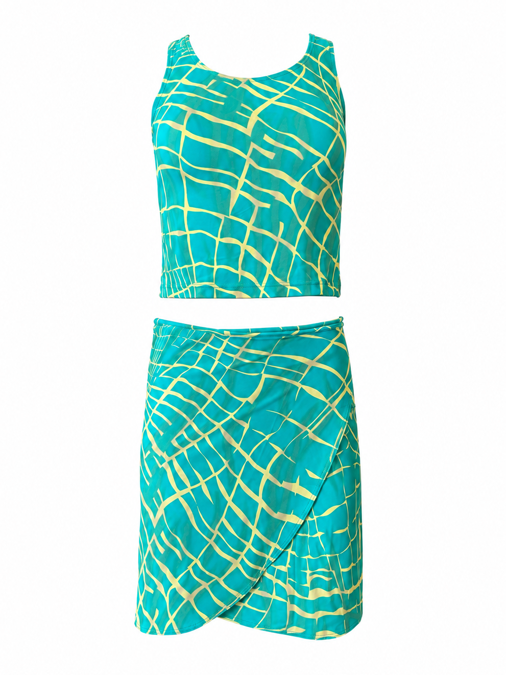 90S TEAL/YELLOW ABSTRACT TANKINI/WRAP SKIRT (NWT)