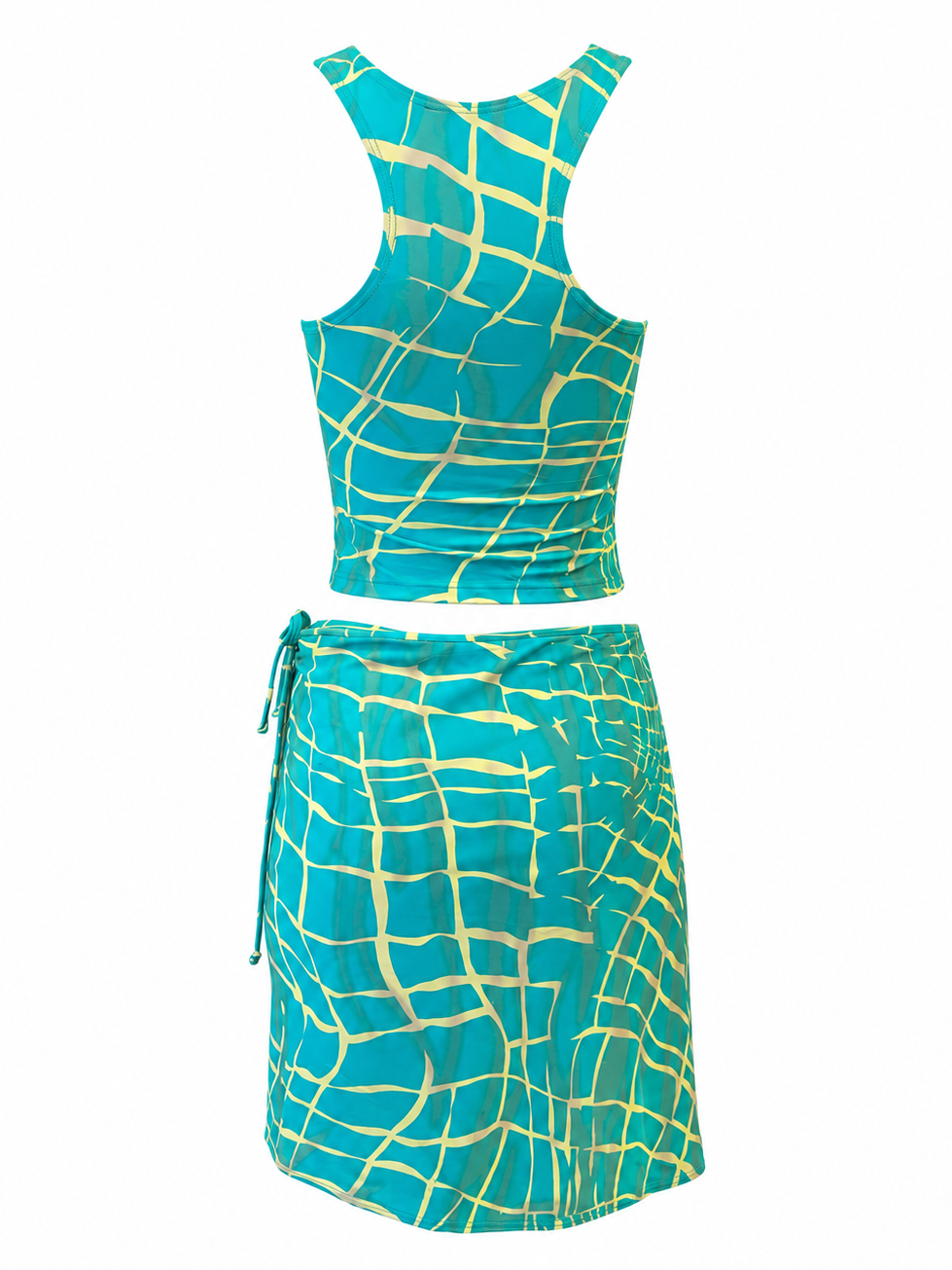 90S TEAL/YELLOW ABSTRACT TANKINI/WRAP SKIRT (NWT)