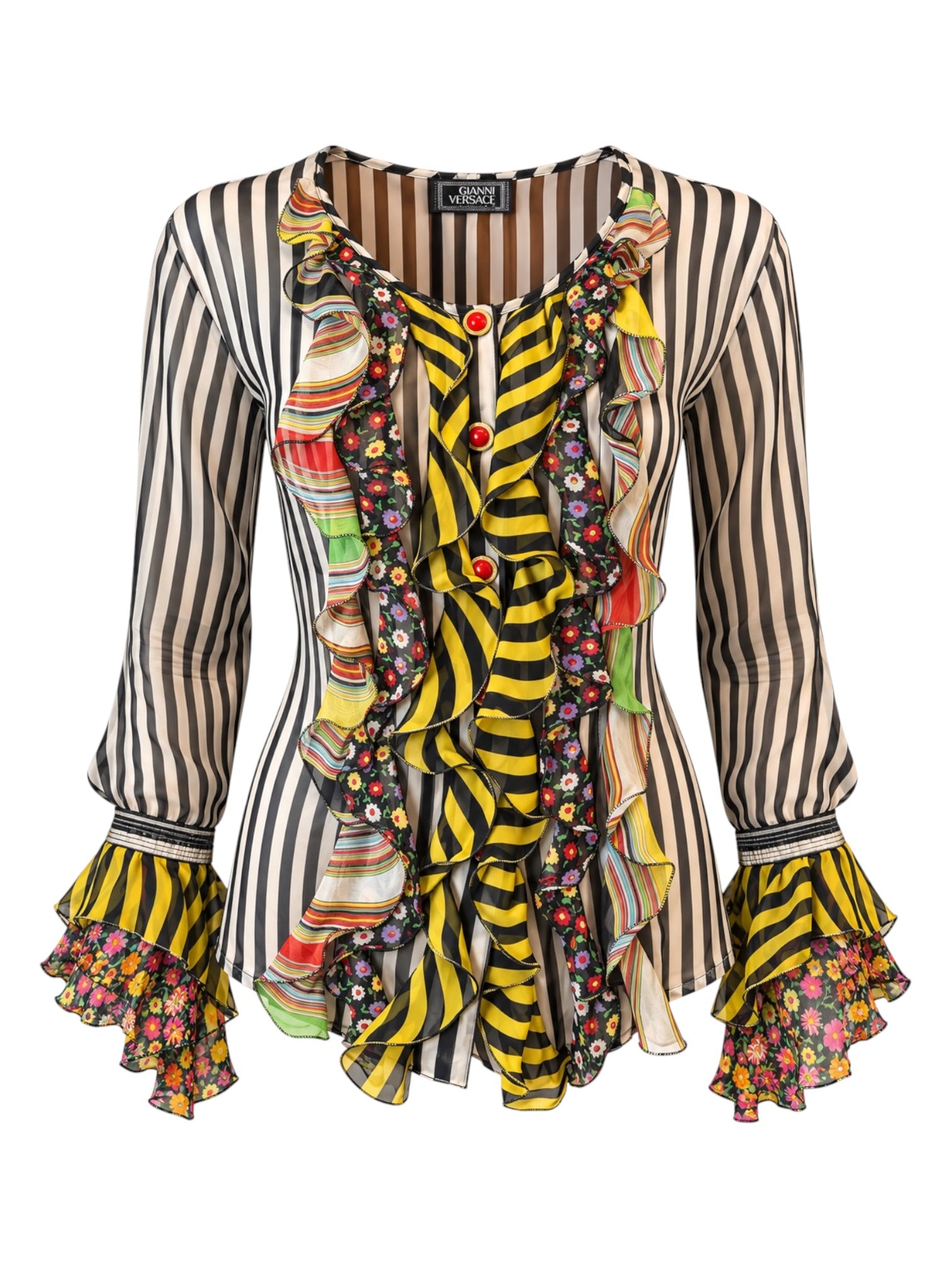 SS93 B&W STRIPED BLOUSE W/ FLORAL RUFFLE TRIM @JCCG