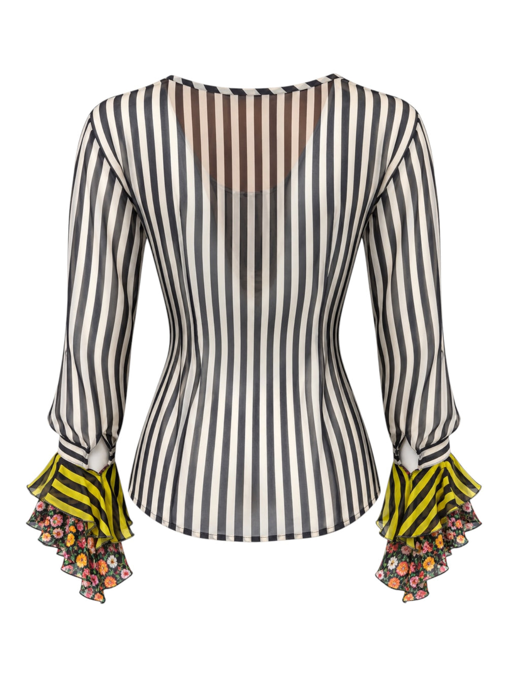 SS93 B&W STRIPED BLOUSE W/ FLORAL RUFFLE TRIM @JCCG