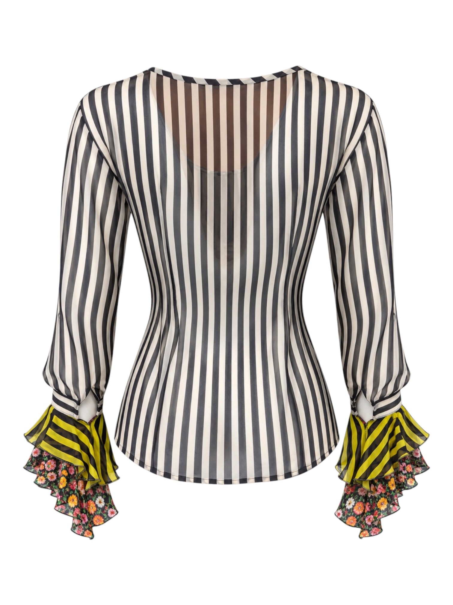 SS93 B&W STRIPED BLOUSE W/ FLORAL RUFFLE TRIM @JCCG