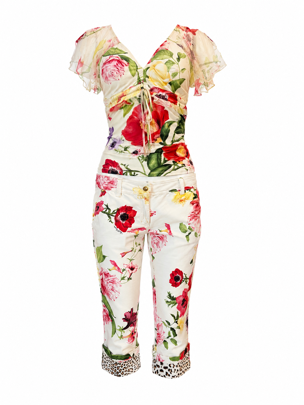SS05 WHITE FLORAL TOP & CAPRIS 2PC SET