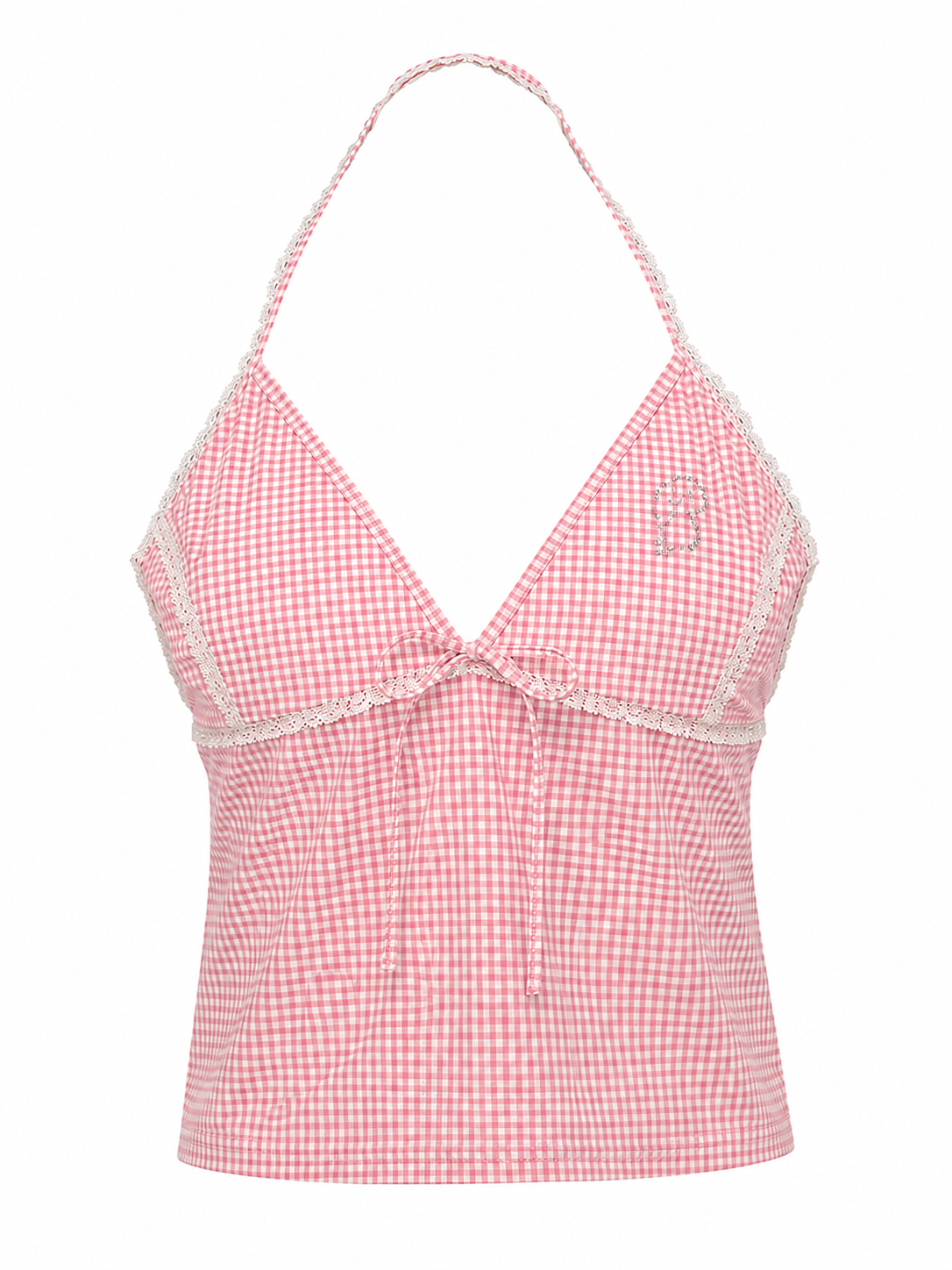 PINK GINGHAM "B" RHINESTONE HALTER TOP