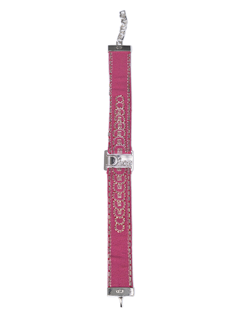 90S PINK EMBROIDERED CHOKER WITH SILVER LOGO PLAQUE