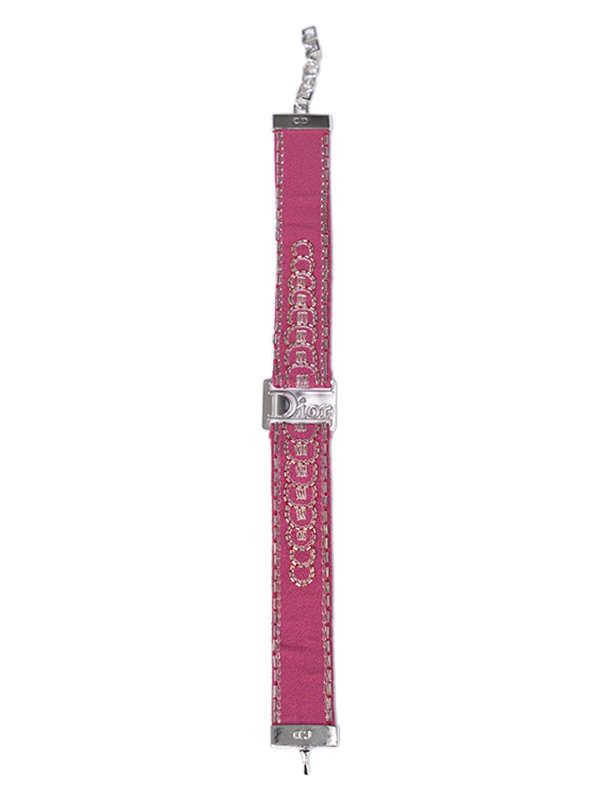 90S PINK EMBROIDERED CHOKER WITH SILVER LOGO PLAQUE