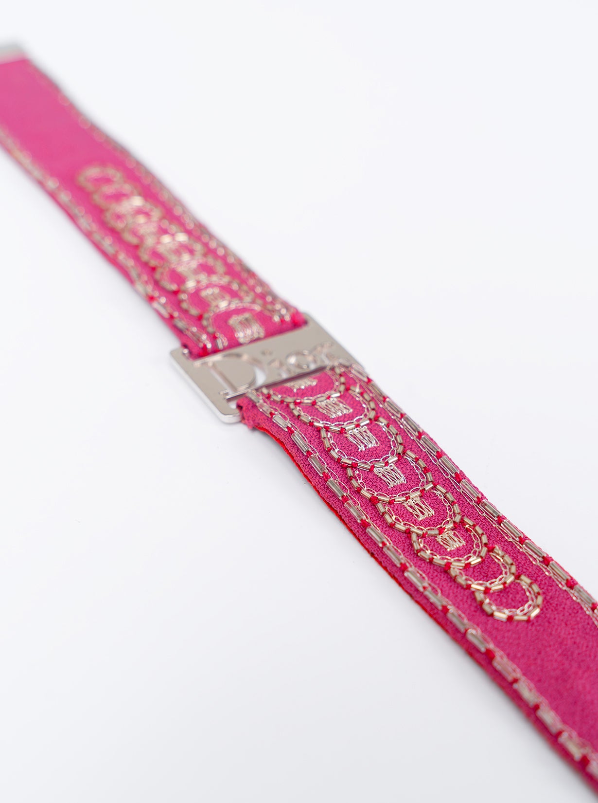 90S PINK EMBROIDERED CHOKER WITH SILVER LOGO PLAQUE