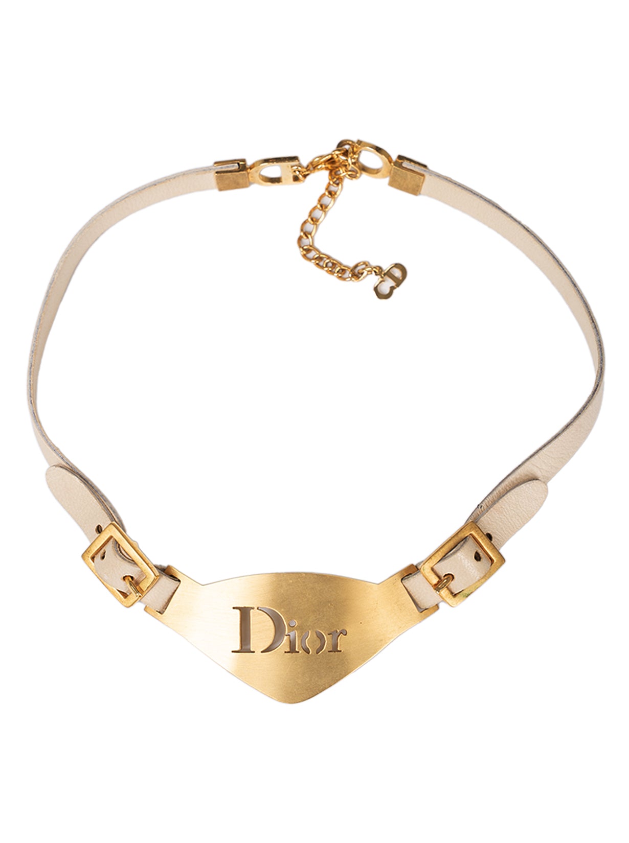 00S CREAM LEATHER CHOKER WITH GOLD CUTOUT PLAQUE
