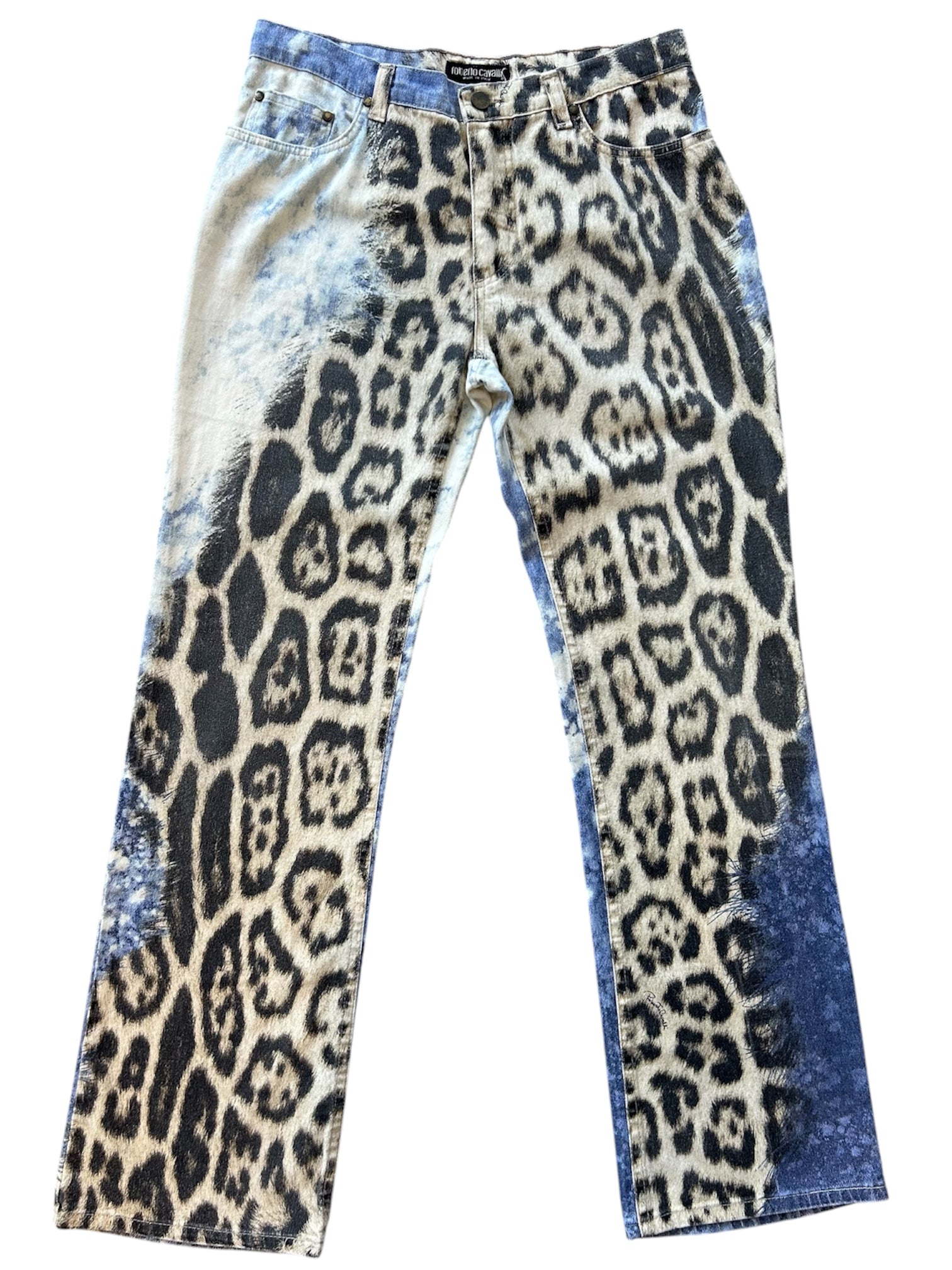 FW01 LEOPARD AND ACID DENIM PRINTED JEANS