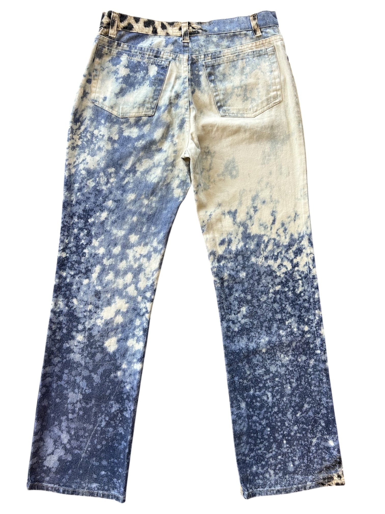 FW01 LEOPARD AND ACID DENIM PRINTED JEANS