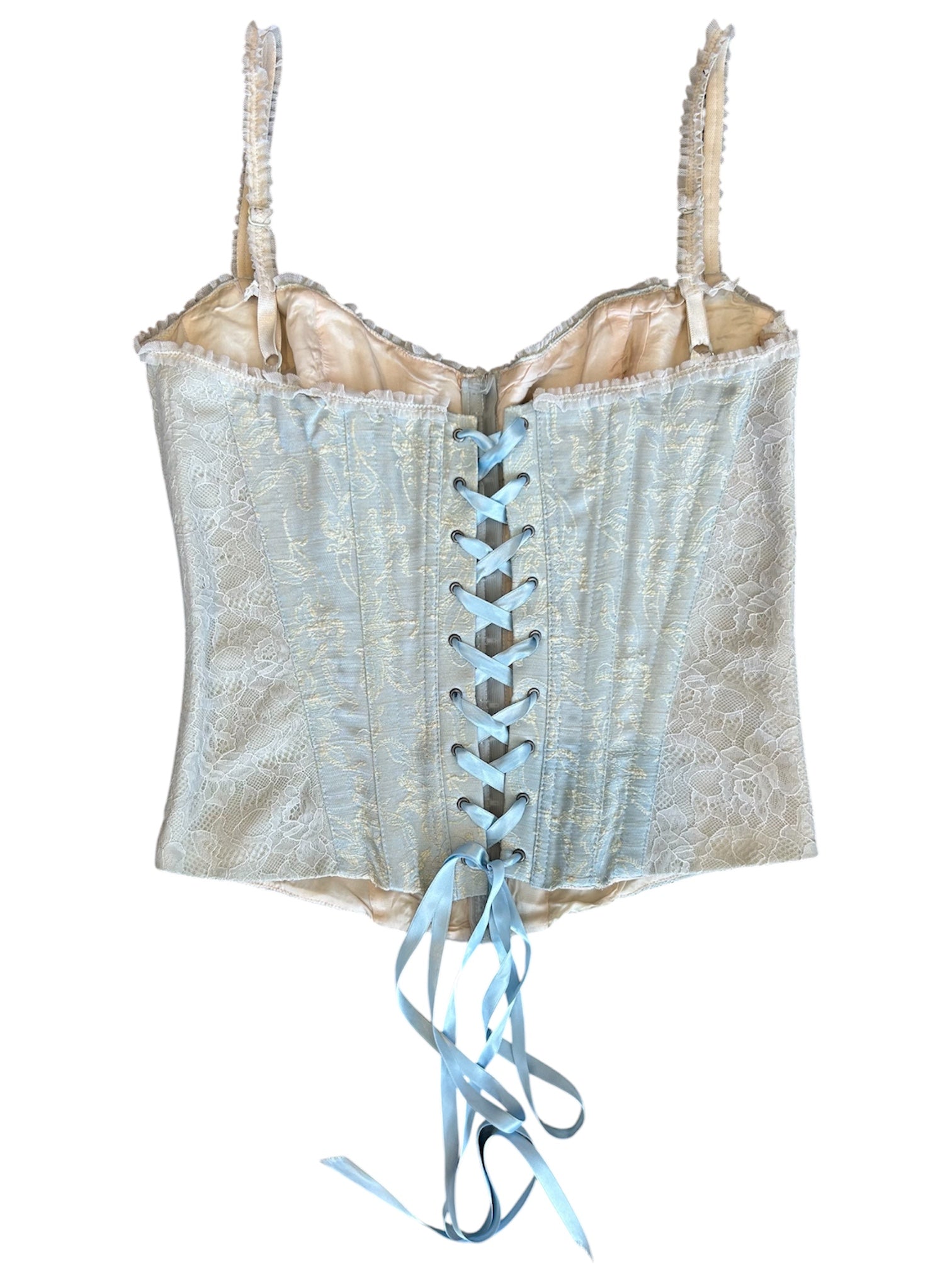 BABY BLUE/WHITE LACE BUSTIER LACE UP TOP