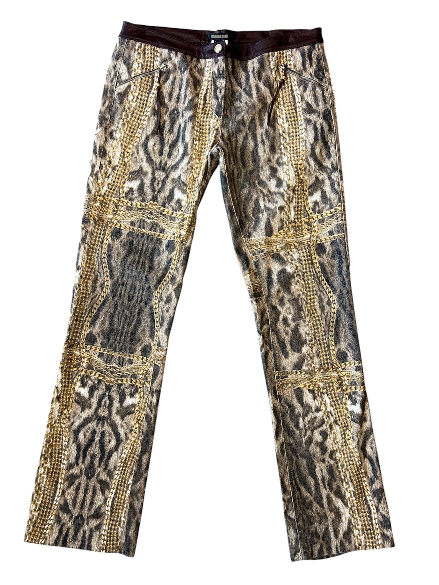 FW03 LEOPARD/CHAIN PRINTED JEANS W LEATHER TASSELS