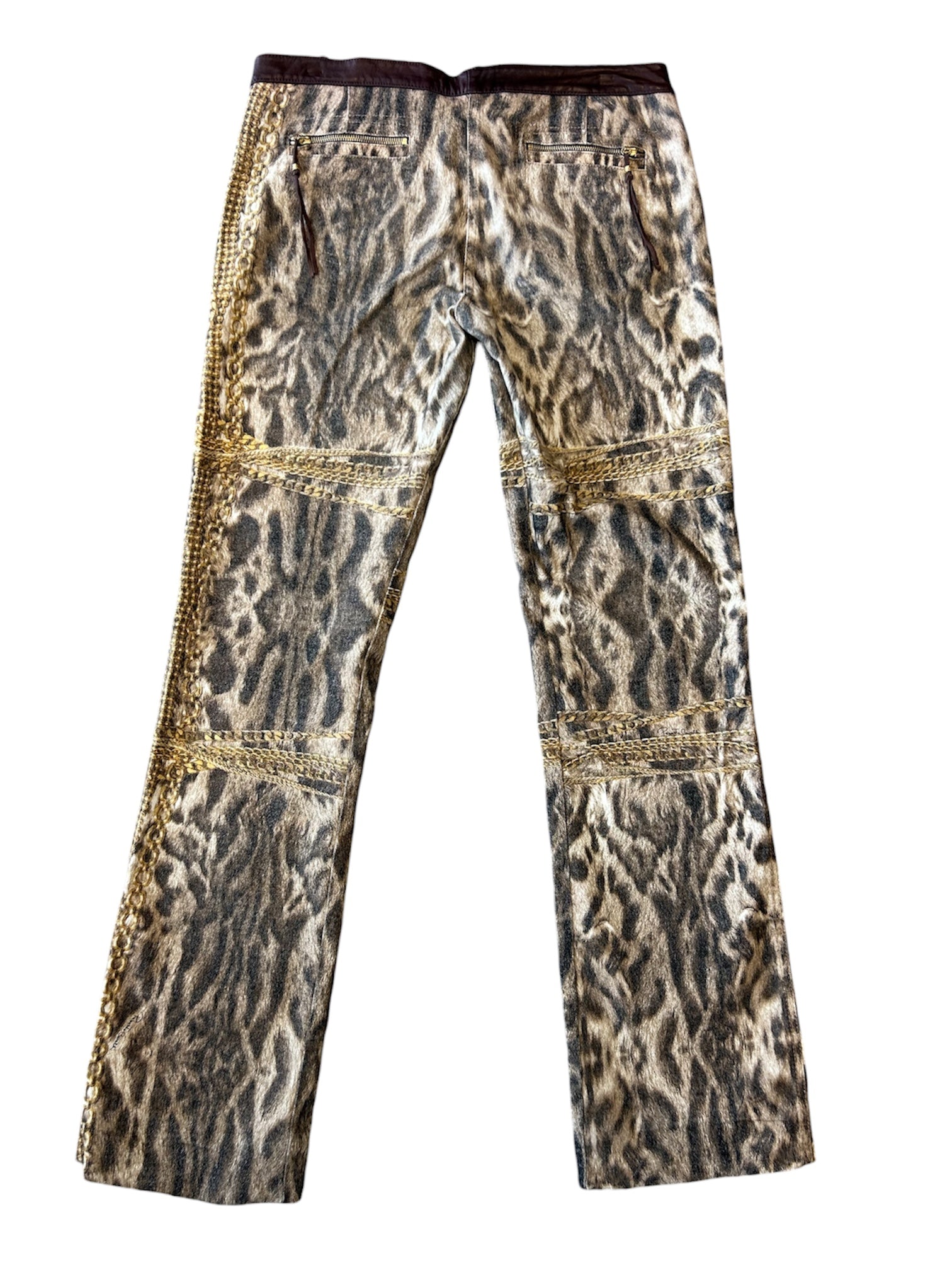 FW03 LEOPARD/CHAIN PRINTED JEANS W LEATHER TASSELS