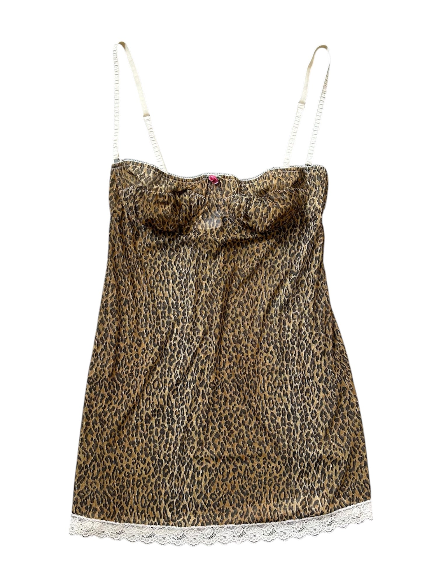 90S BROWN LEOPARD SHEER MESH MINI DRESS W LACE TRIM