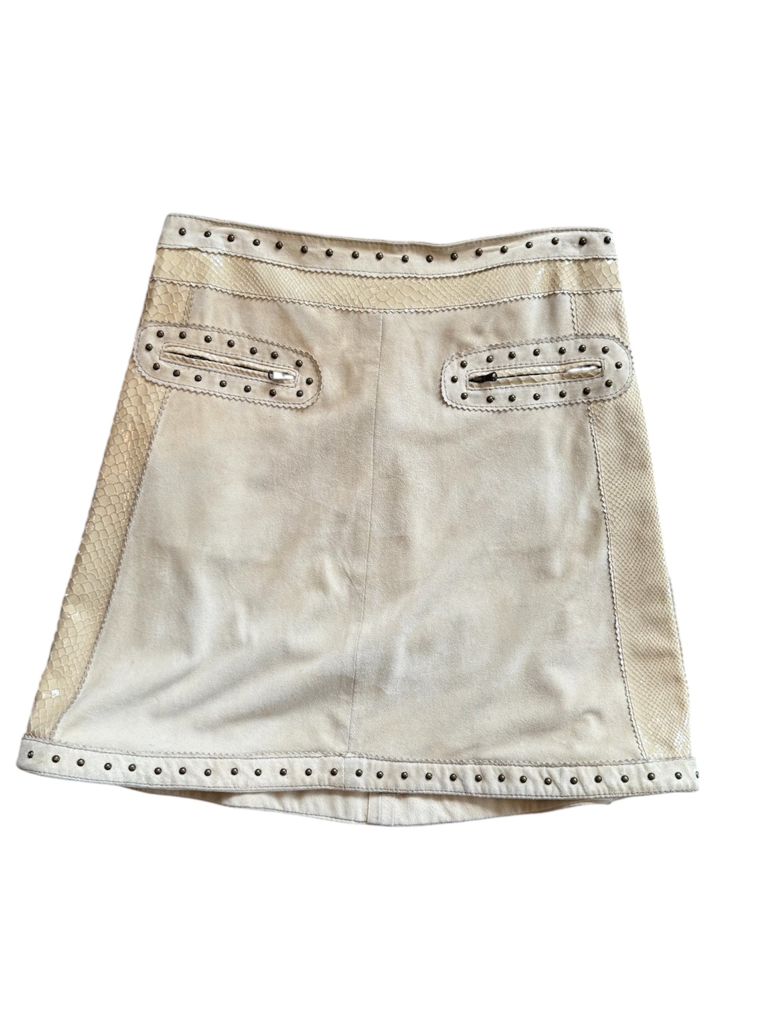 BEIGE SUEDE LEATHER MIDI SKIRT W STUDS/SNAKESKIN @IRIK