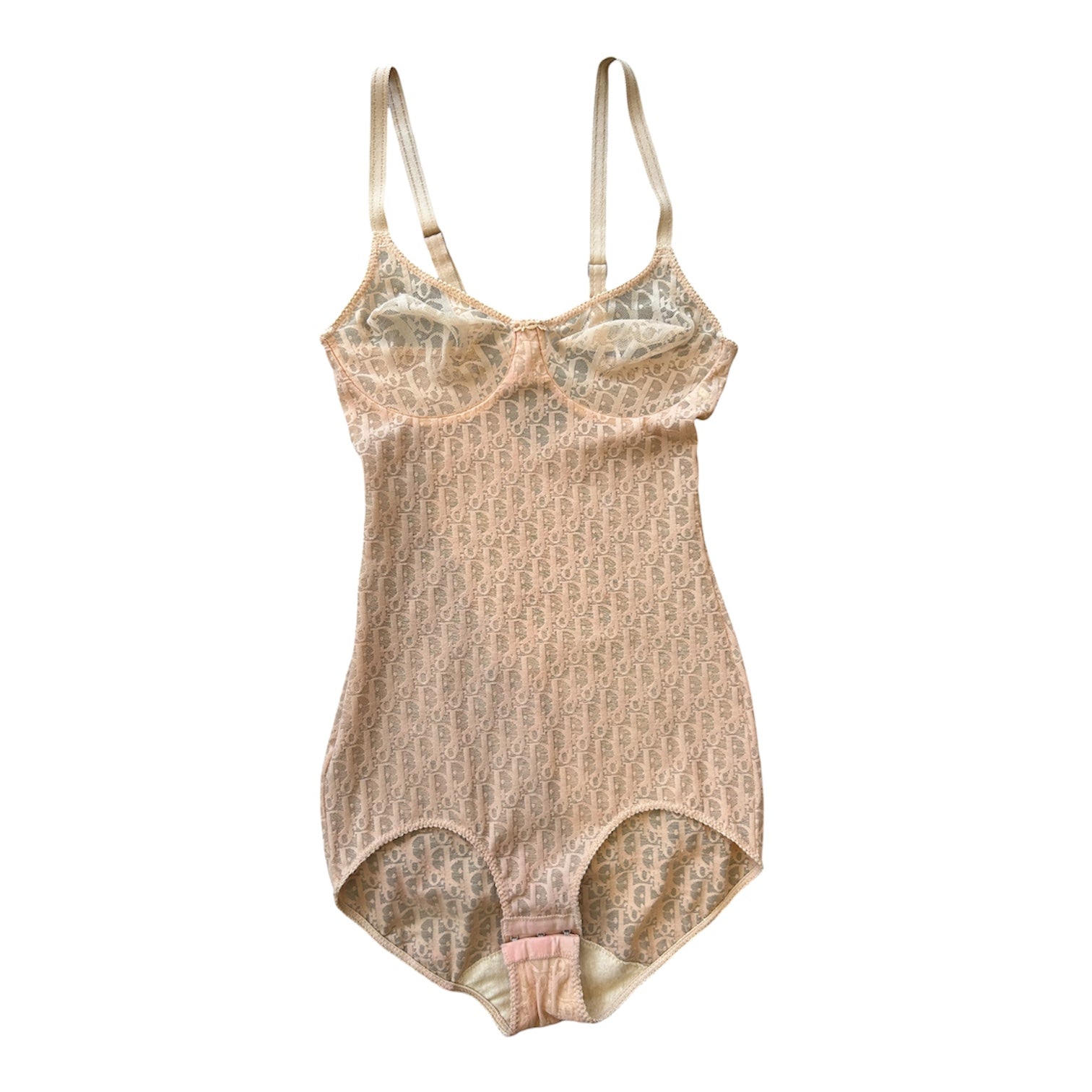 C. 1970s BEIGE MESH MONOGRAM BODYSUIT