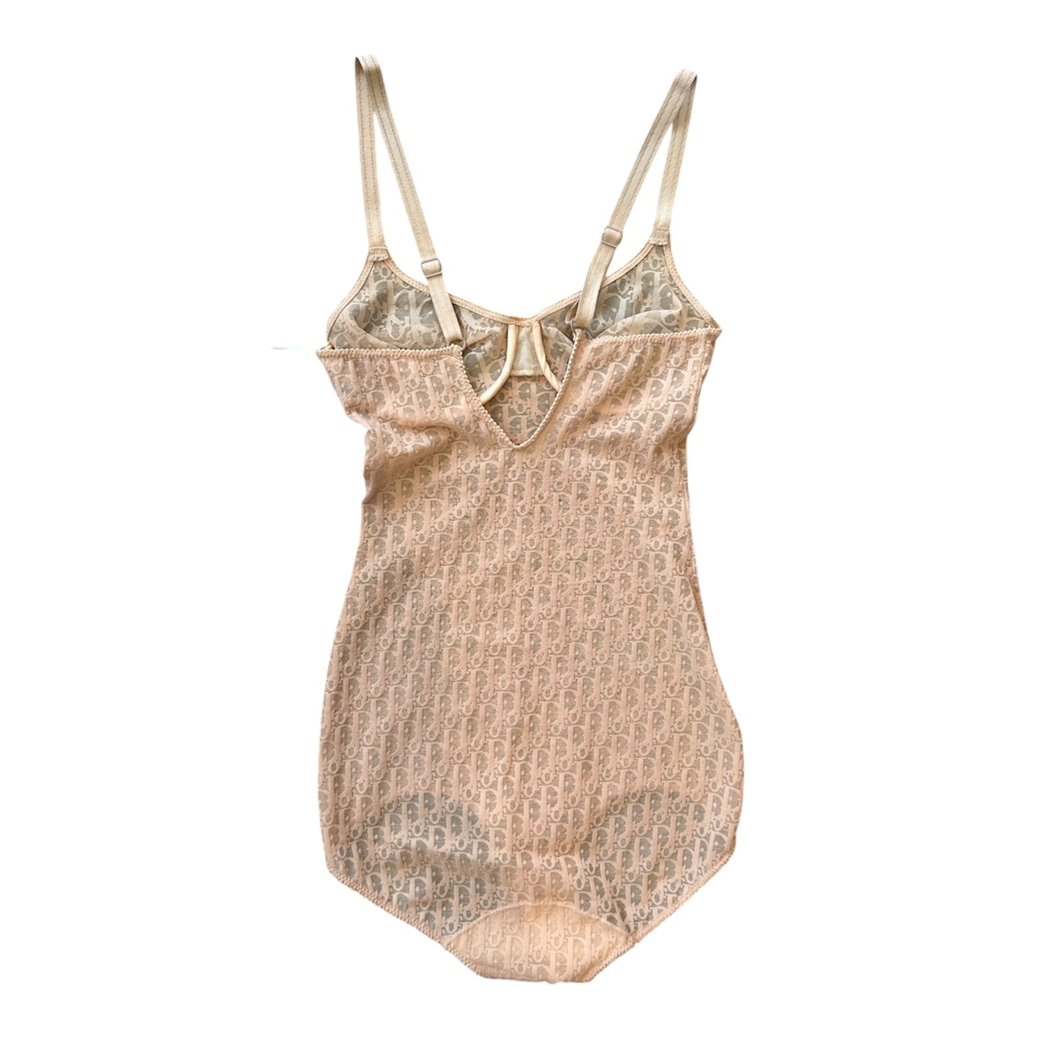 C. 1970s BEIGE MESH MONOGRAM BODYSUIT