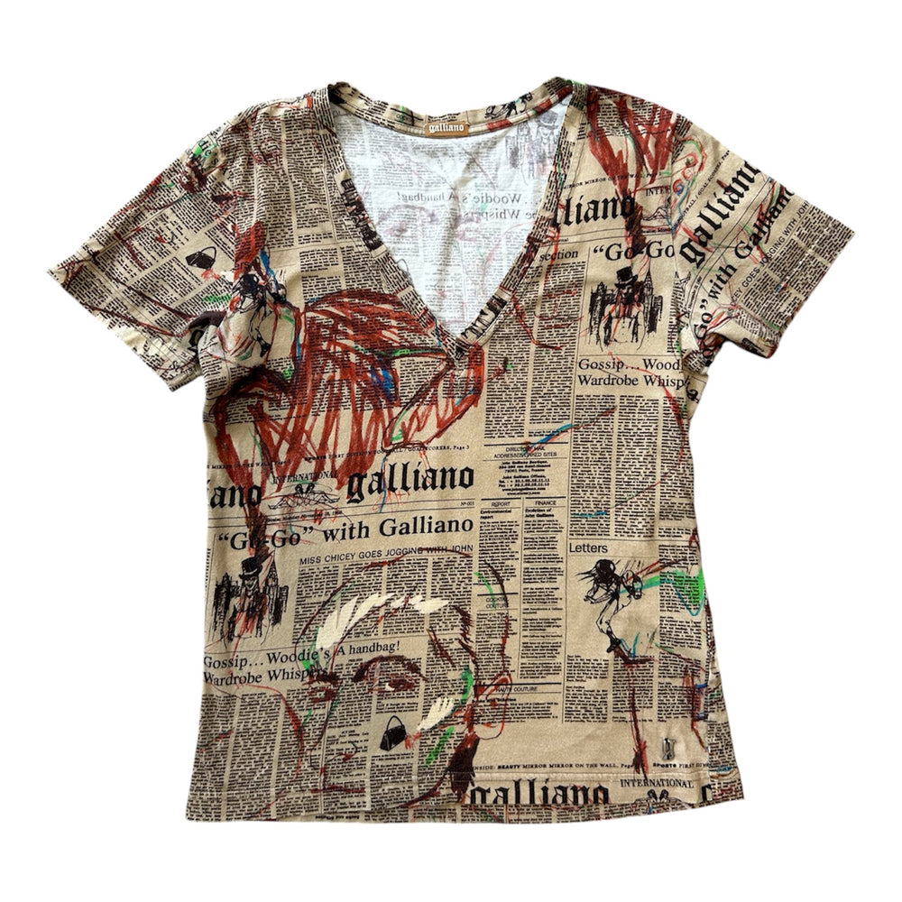 BROWN NEWSPAPER PRINTED VNECK TOP @AVH