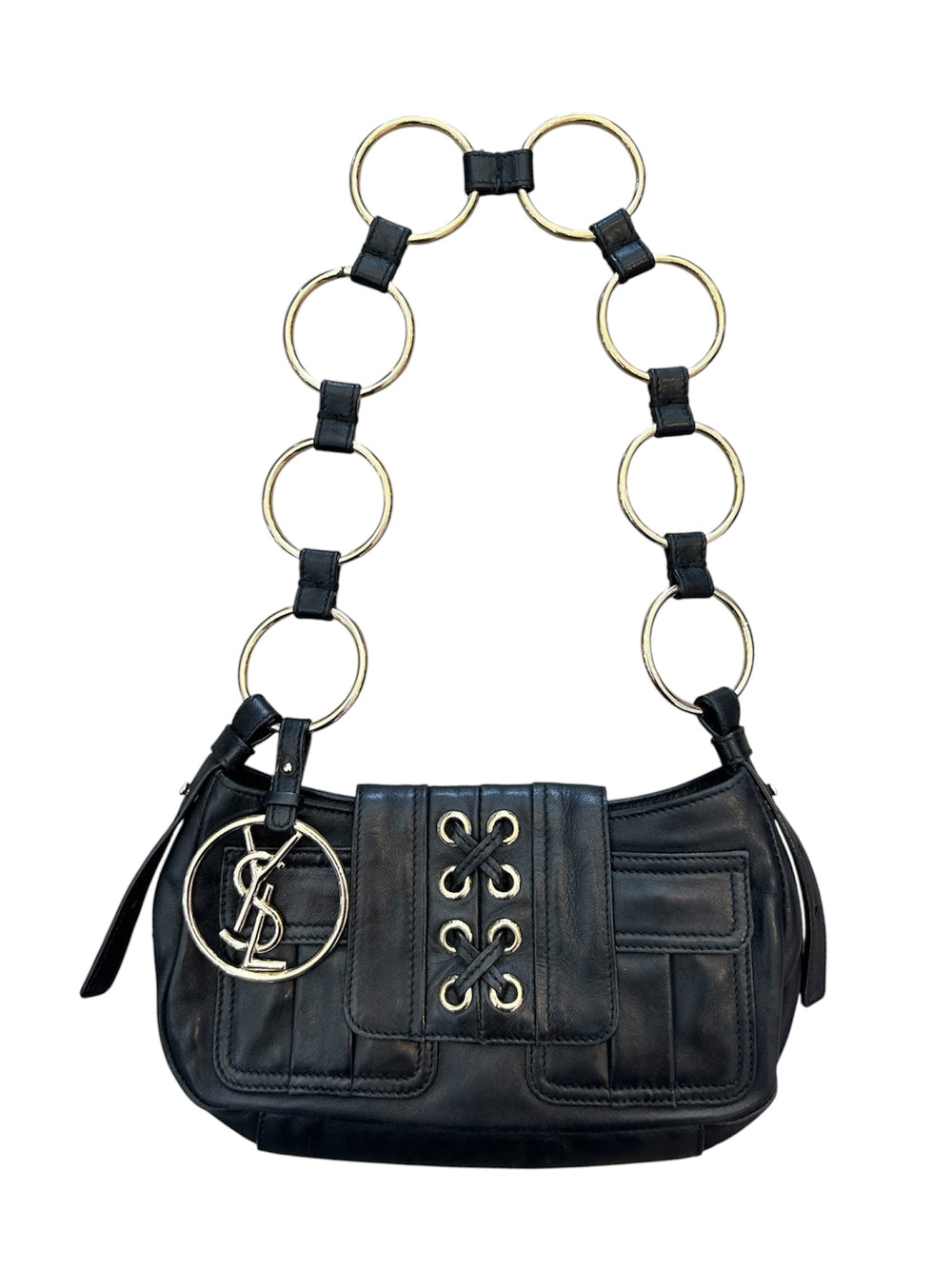 BLACK LEATHER CORSET BAG W GOLD RING DETAILING