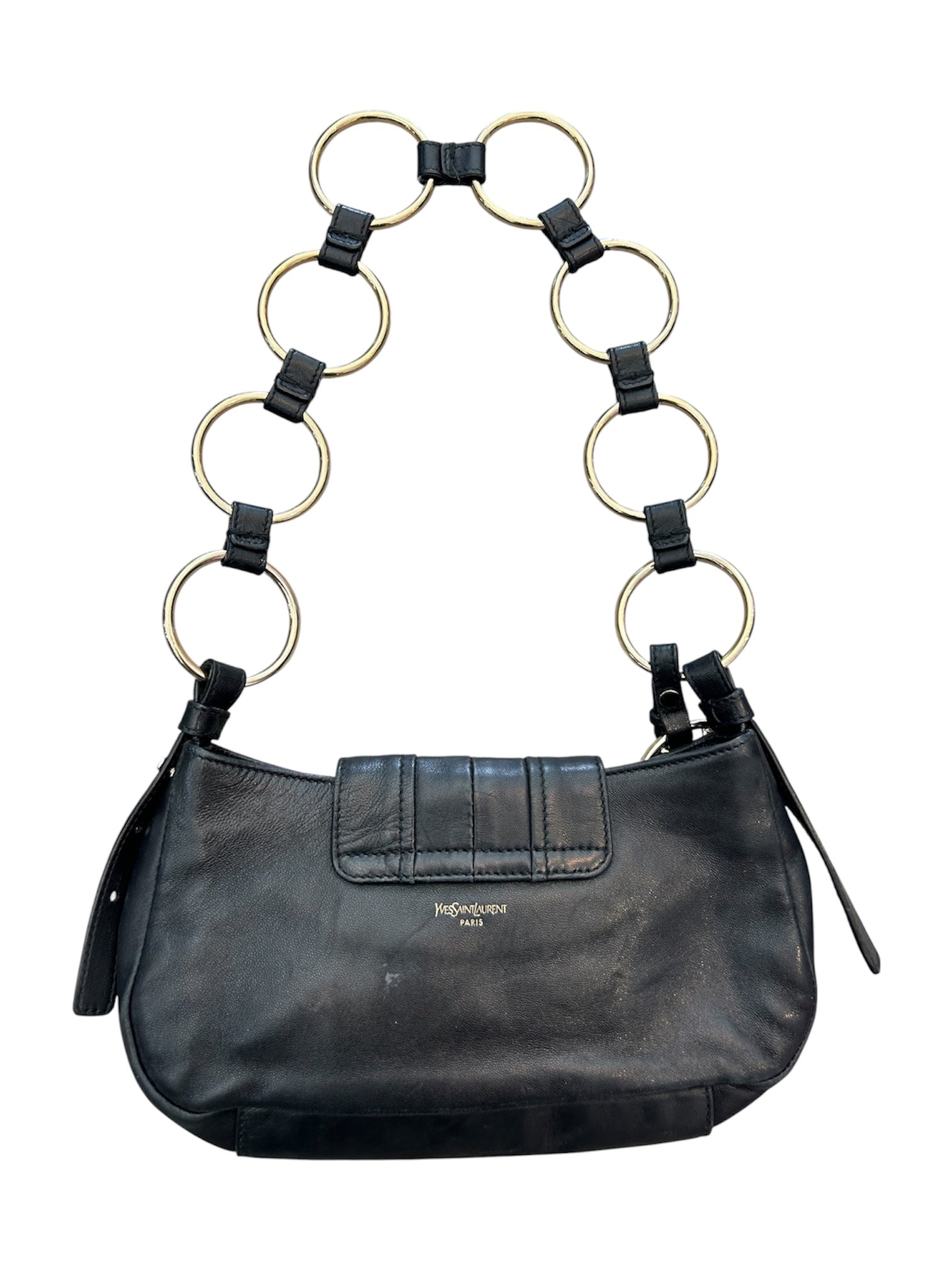 BLACK LEATHER CORSET BAG W GOLD RING DETAILING