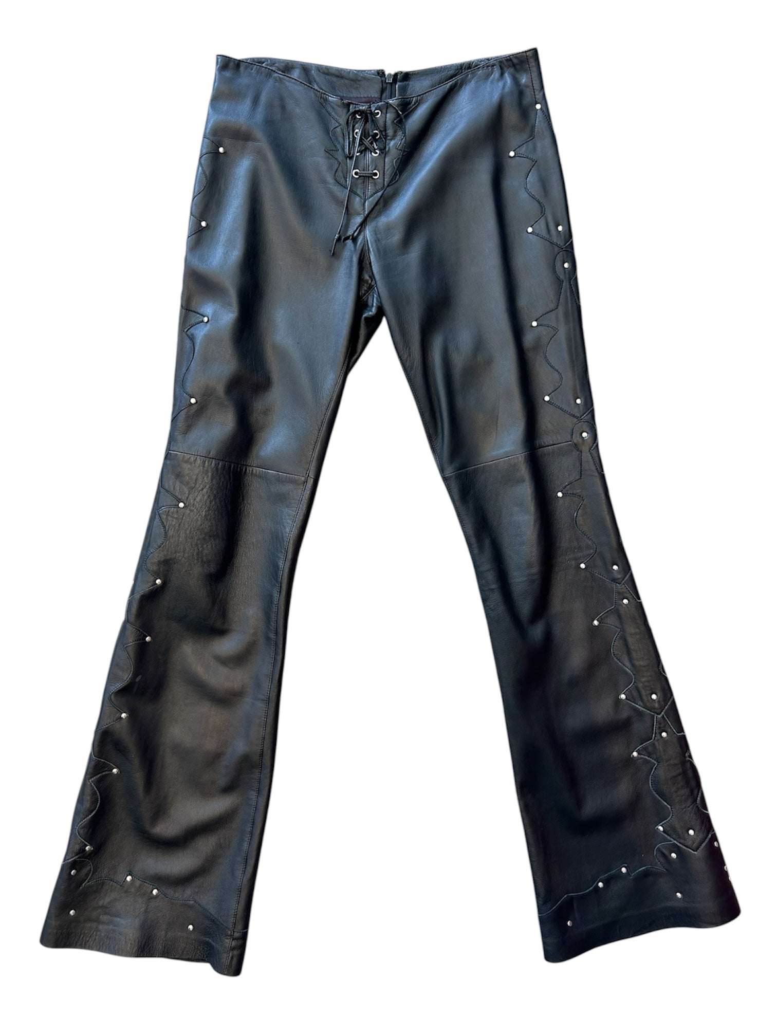 00S BLACK FLARED LACE UP LEATHER PANTS @EA