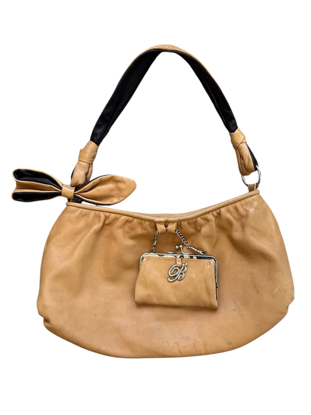 CAMEL LEATHER HOBO BAG W MINI KISS LOCK POUCH
