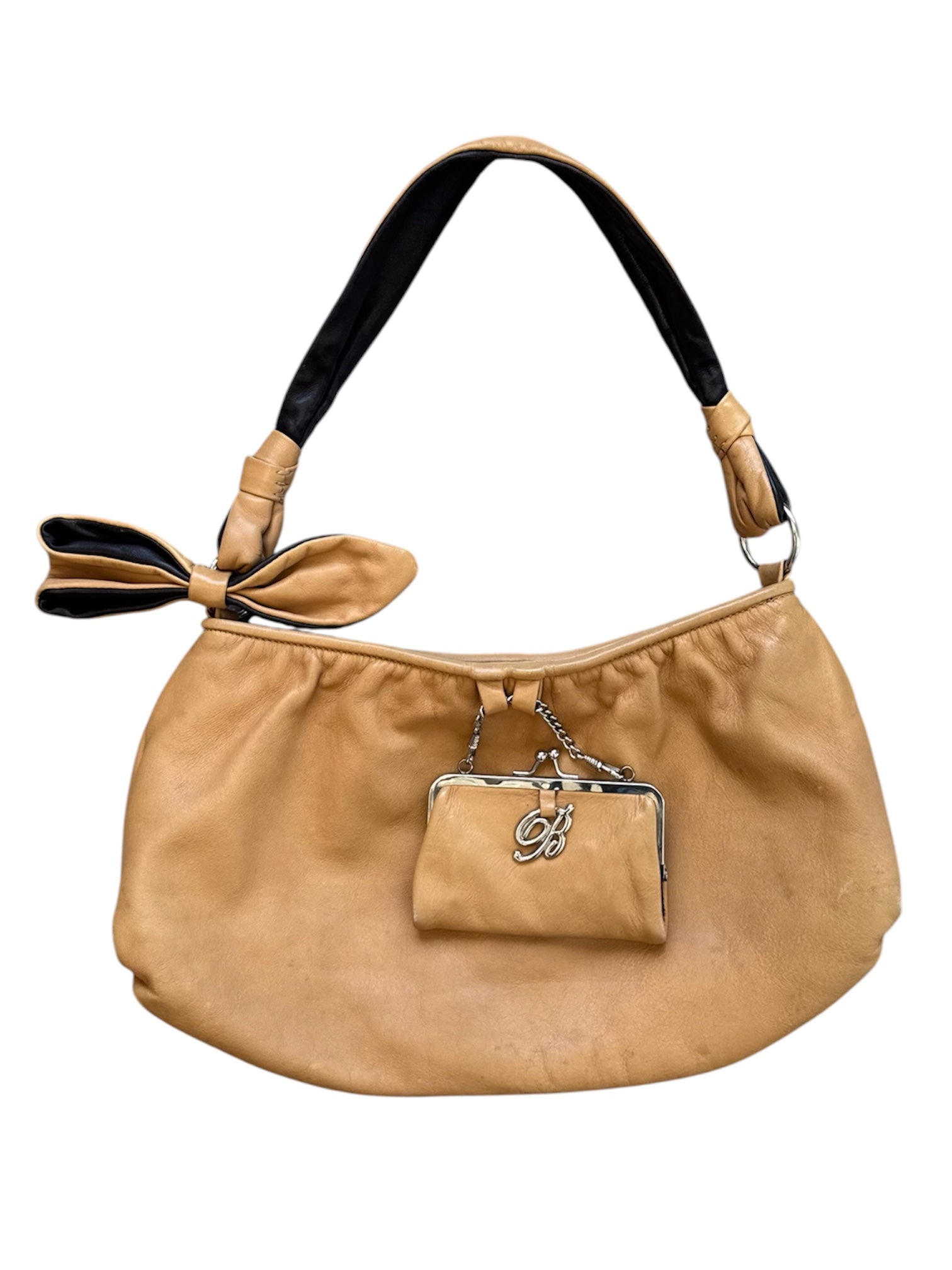 CAMEL LEATHER HOBO BAG W MINI KISS LOCK POUCH