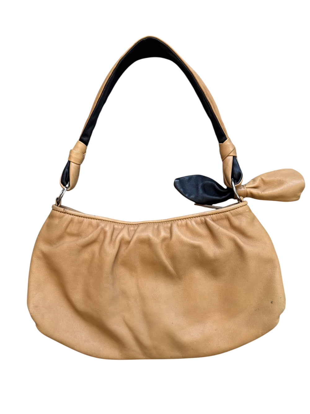 CAMEL LEATHER HOBO BAG W MINI KISS LOCK POUCH