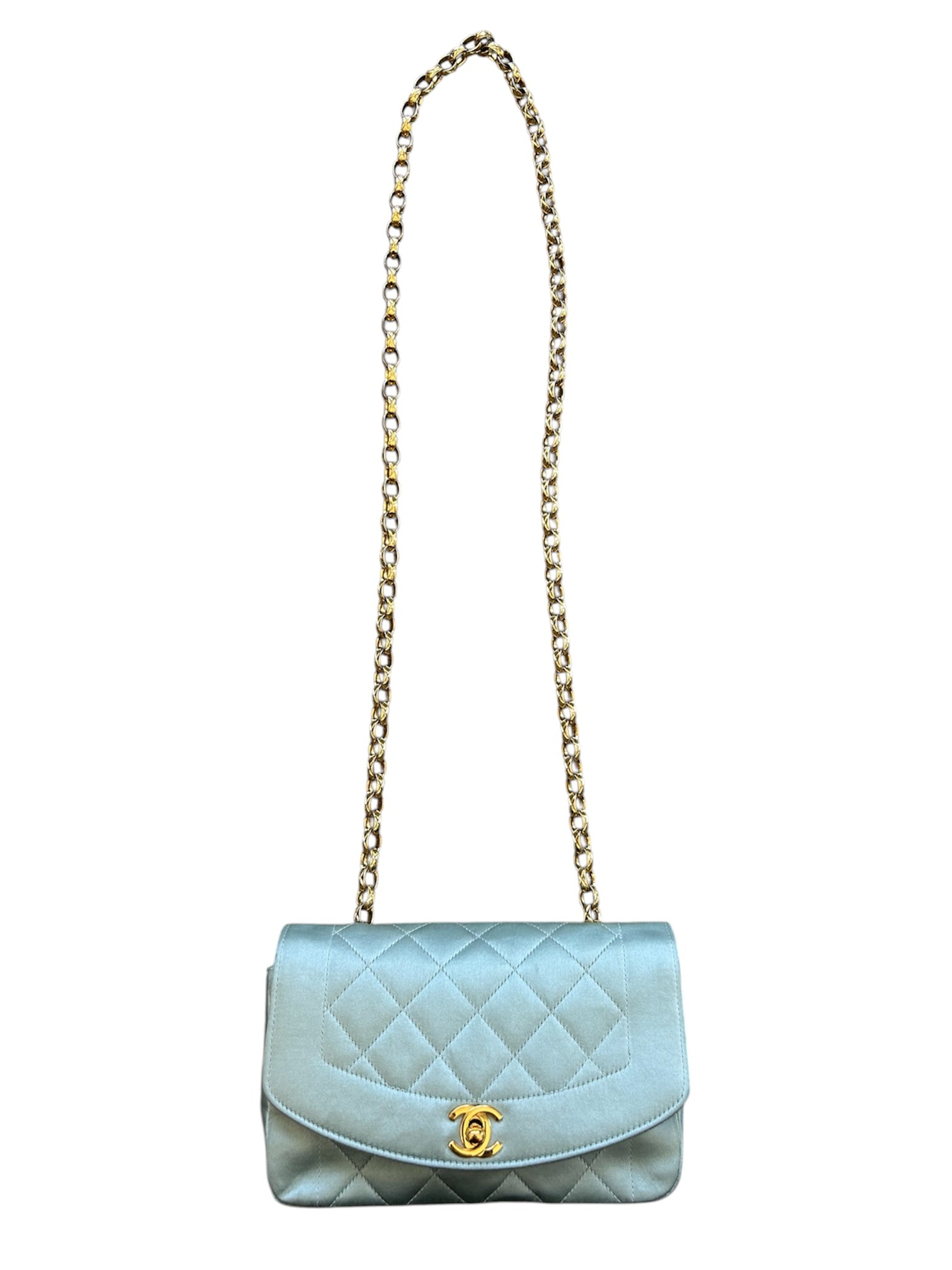 1989-91 DIANA MINI BABY BLUE SATIN GOLD CHAIN CROSSBODY @SM