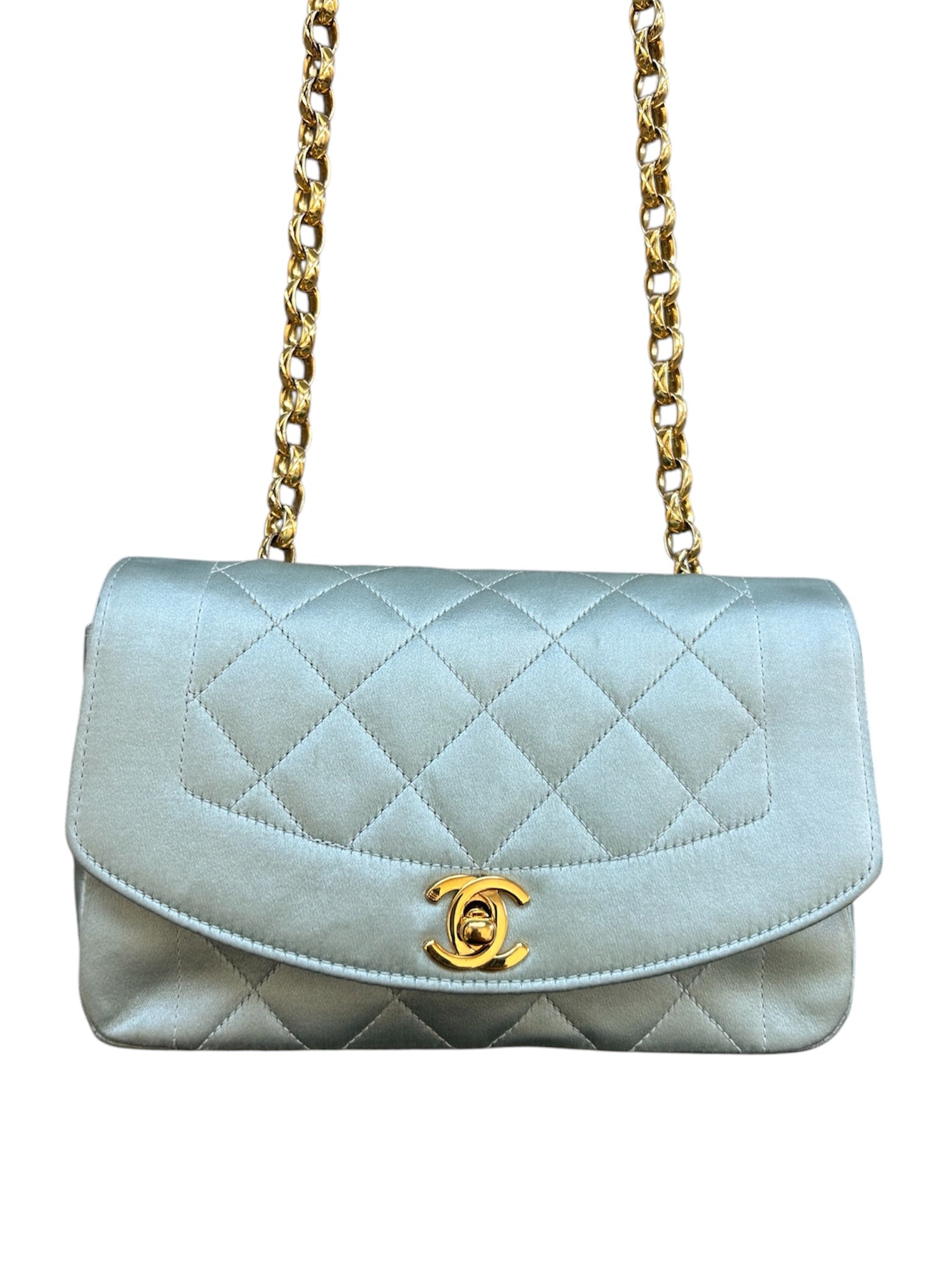 1989-91 DIANA MINI BABY BLUE SATIN GOLD CHAIN CROSSBODY @SM