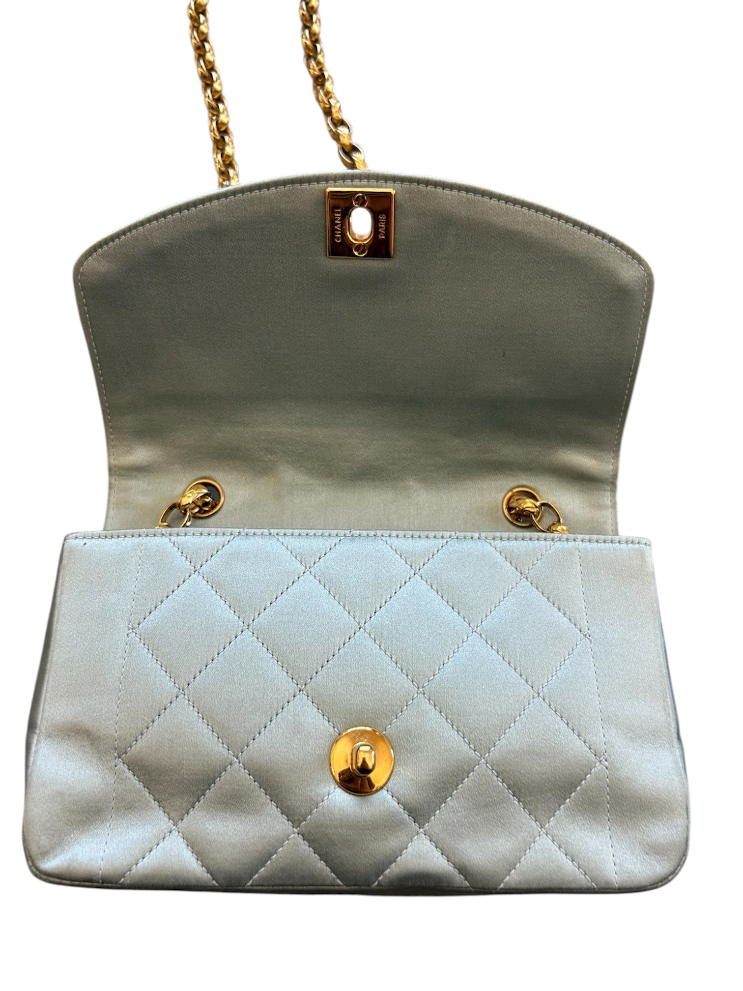 1989-91 DIANA MINI BABY BLUE SATIN GOLD CHAIN CROSSBODY @SM