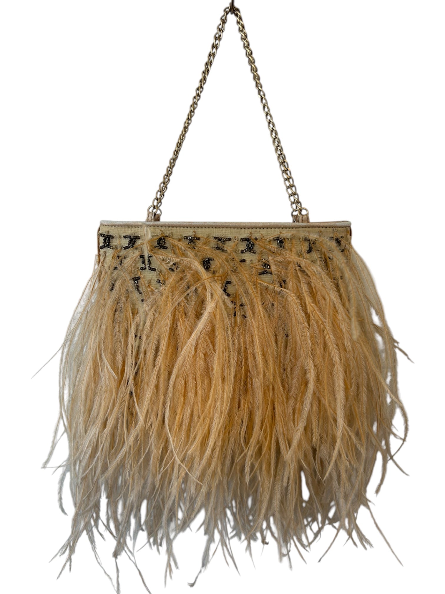 VERY RARE BEIGE OSTRICH FEATHER BEADED CC HANDBAG @MJ