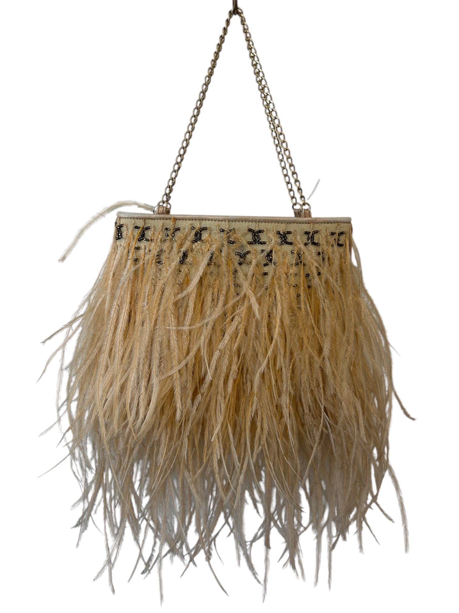VERY RARE BEIGE OSTRICH FEATHER BEADED CC HANDBAG @MJ