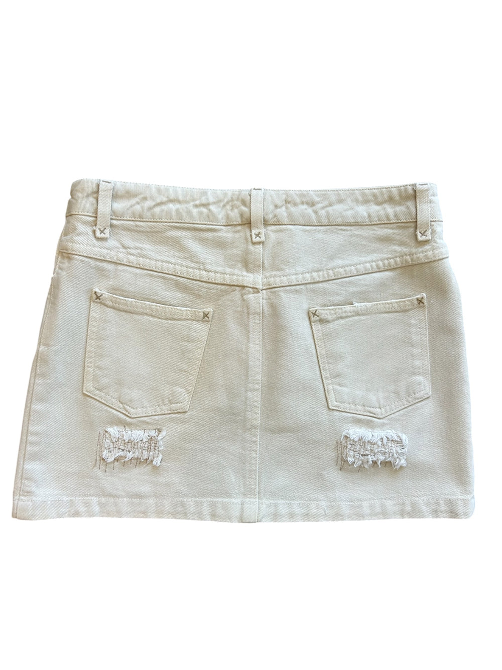 00s BEIGE DISTRESSED DENIM MINI SKIRT