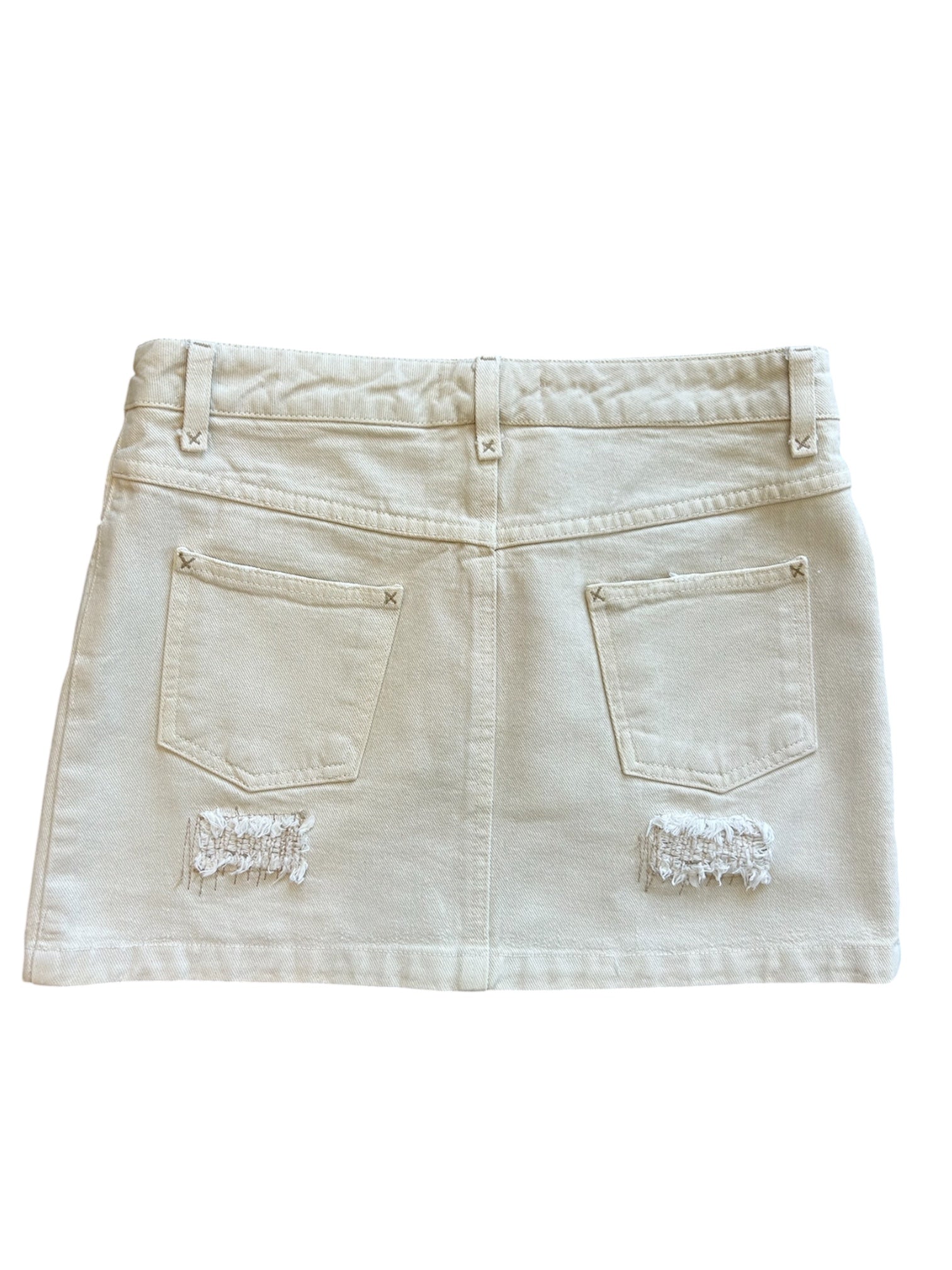 00s BEIGE DISTRESSED DENIM MINI SKIRT
